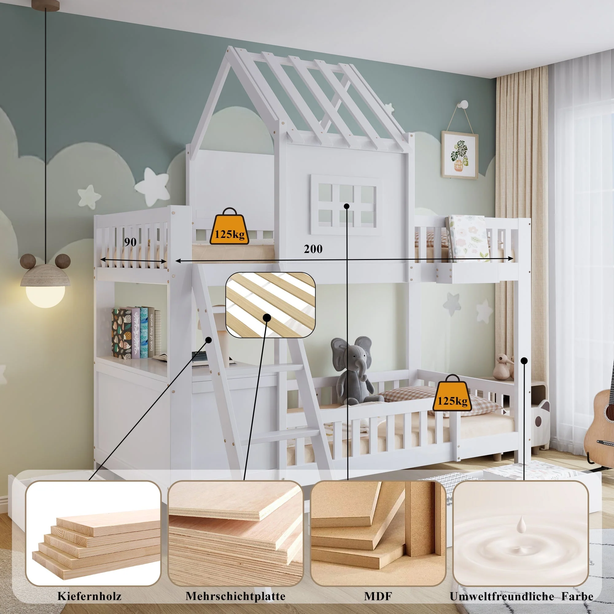 Bunk Bed, Roof & Window with Drawers, Reading Table, Storage Basket, Pine + MDF + Plywood, White - Image 5