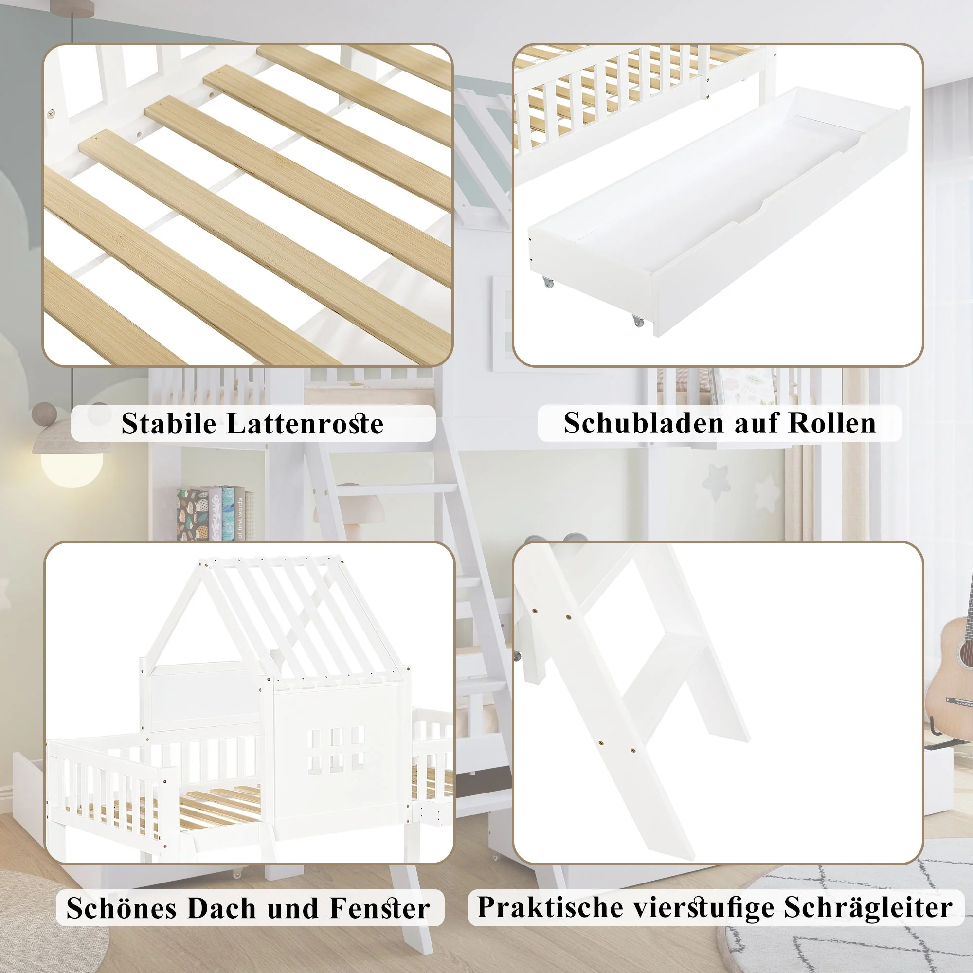 Bunk Bed, Roof & Window with Drawers, Reading Table, Storage Basket, Pine + MDF + Plywood, White - Image 6
