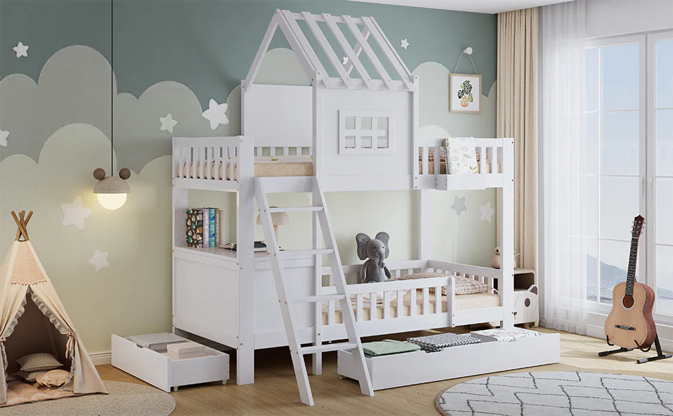 Bunk Bed, Roof & Window with Drawers, Reading Table, Storage Basket, Pine + MDF + Plywood, White - Image 7