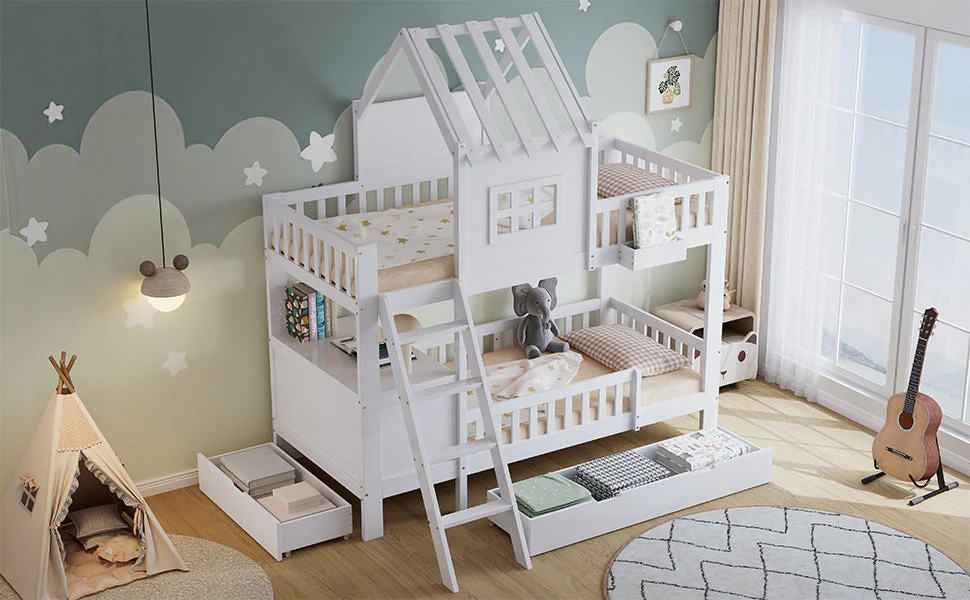 Bunk Bed, Roof & Window with Drawers, Reading Table, Storage Basket, Pine + MDF + Plywood, White - Image 8