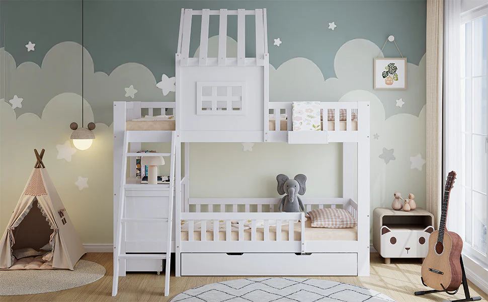 Bunk Bed, Roof & Window with Drawers, Reading Table, Storage Basket, Pine + MDF + Plywood, White - Image 9