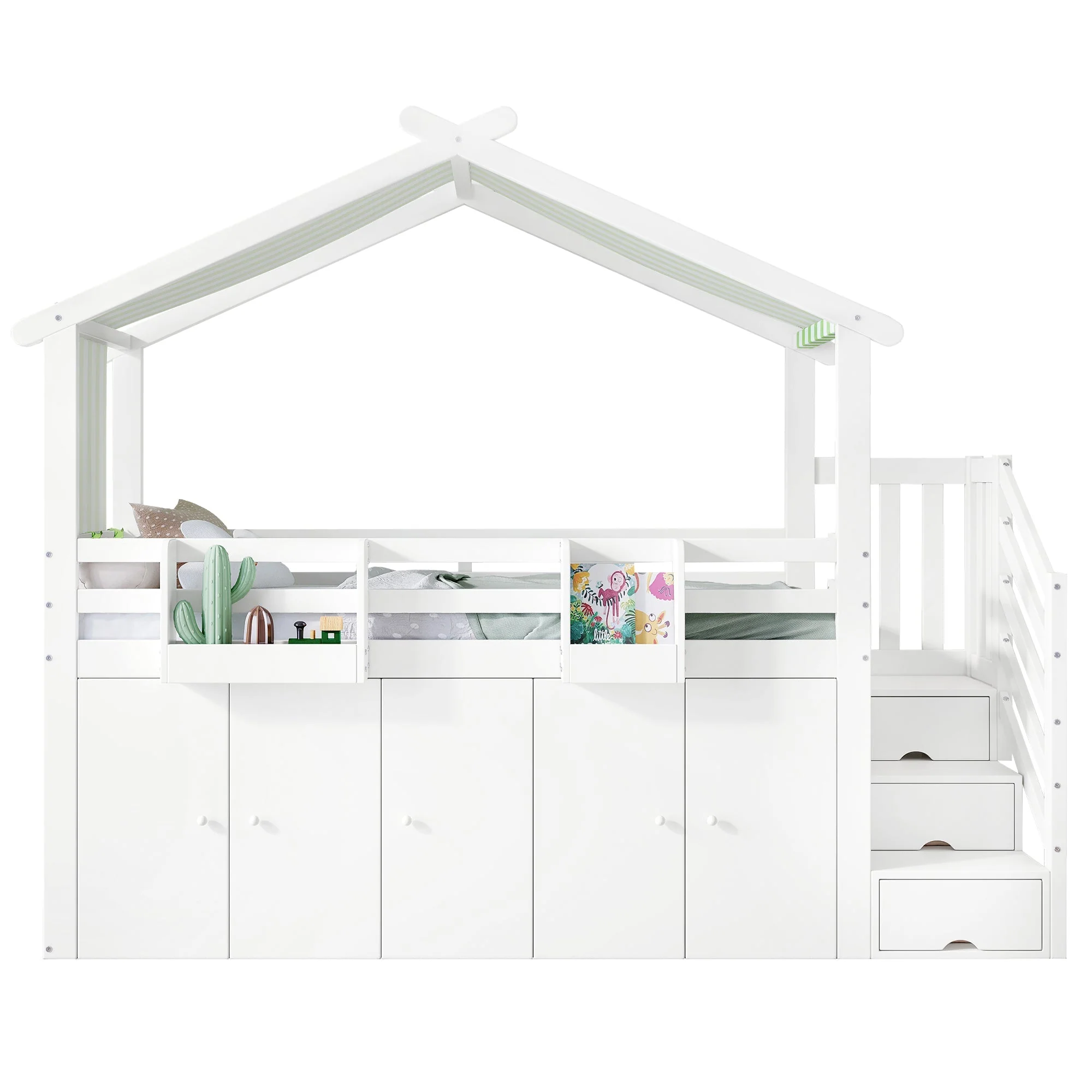 Bunk Bed, Safety Gate, Wardrobe, Lockers, Stairs, 90x200cm, White & Green Pine+MDF+Plywood - Image 10