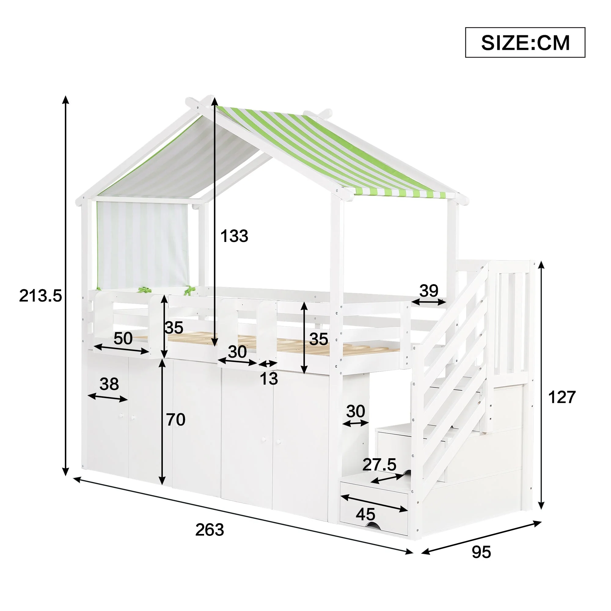 Bunk Bed, Safety Gate, Wardrobe, Lockers, Stairs, 90x200cm, White & Green Pine+MDF+Plywood - Image 4