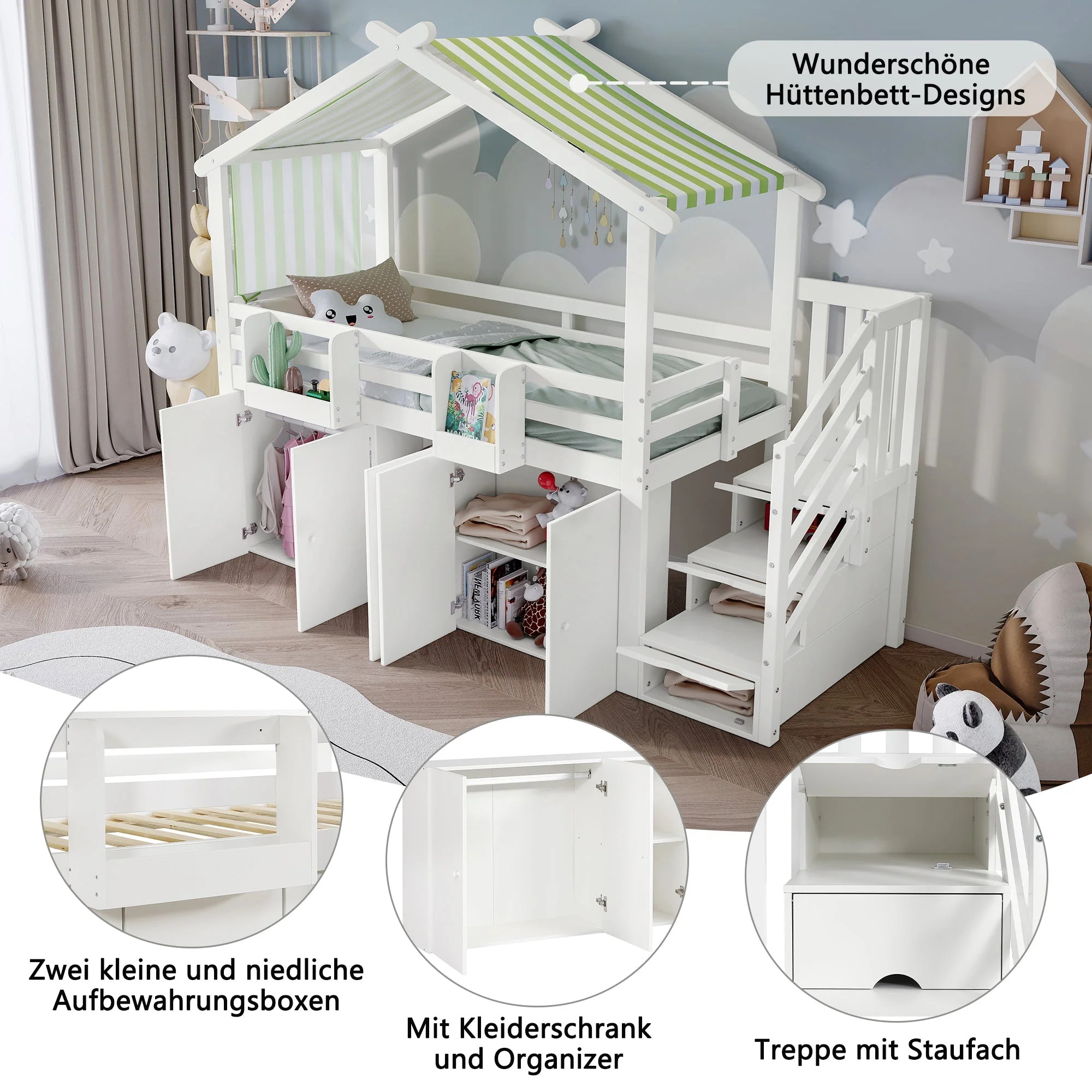 Bunk Bed, Safety Gate, Wardrobe, Lockers, Stairs, 90x200cm, White & Green Pine+MDF+Plywood - Image 5