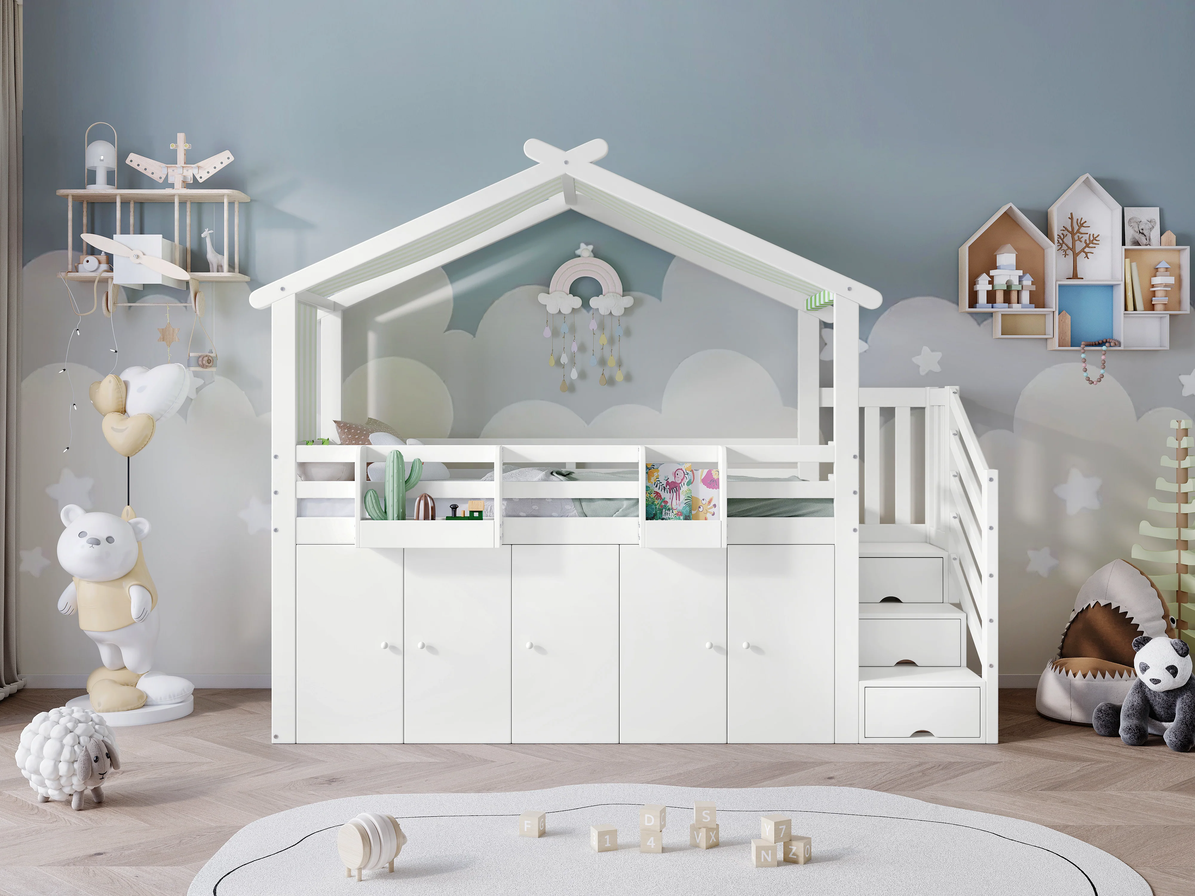 Bunk Bed, Safety Gate, Wardrobe, Lockers, Stairs, 90x200cm, White & Green Pine+MDF+Plywood - Image 9