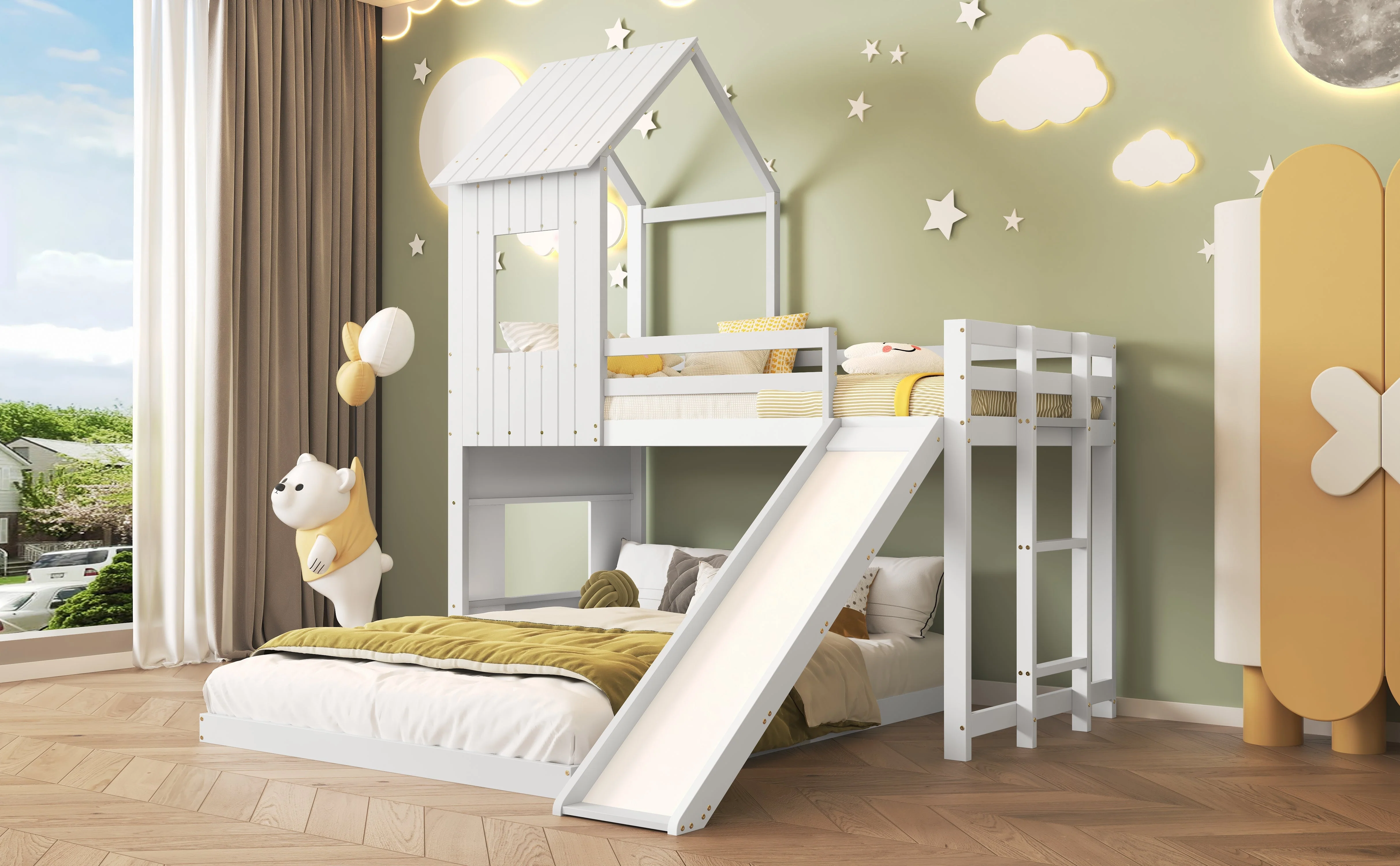 Bunk Bed, Slide House Bed with Safety Gate & Ladder, Pine + MDF, White - Image 7