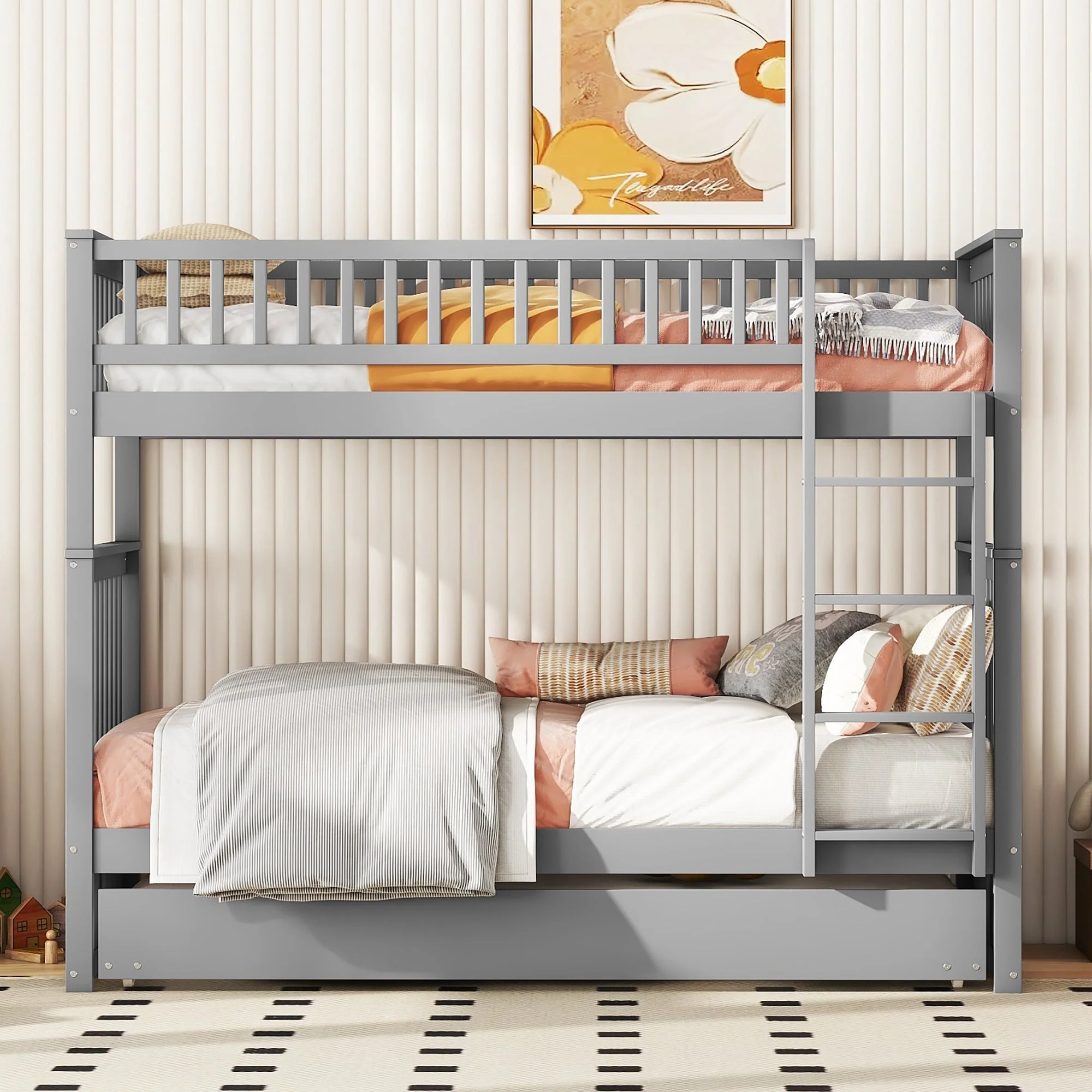 Bunk Bed Triple 90x200cm Pull-Out Bed Sturdy Stairs - Grey - Image 3