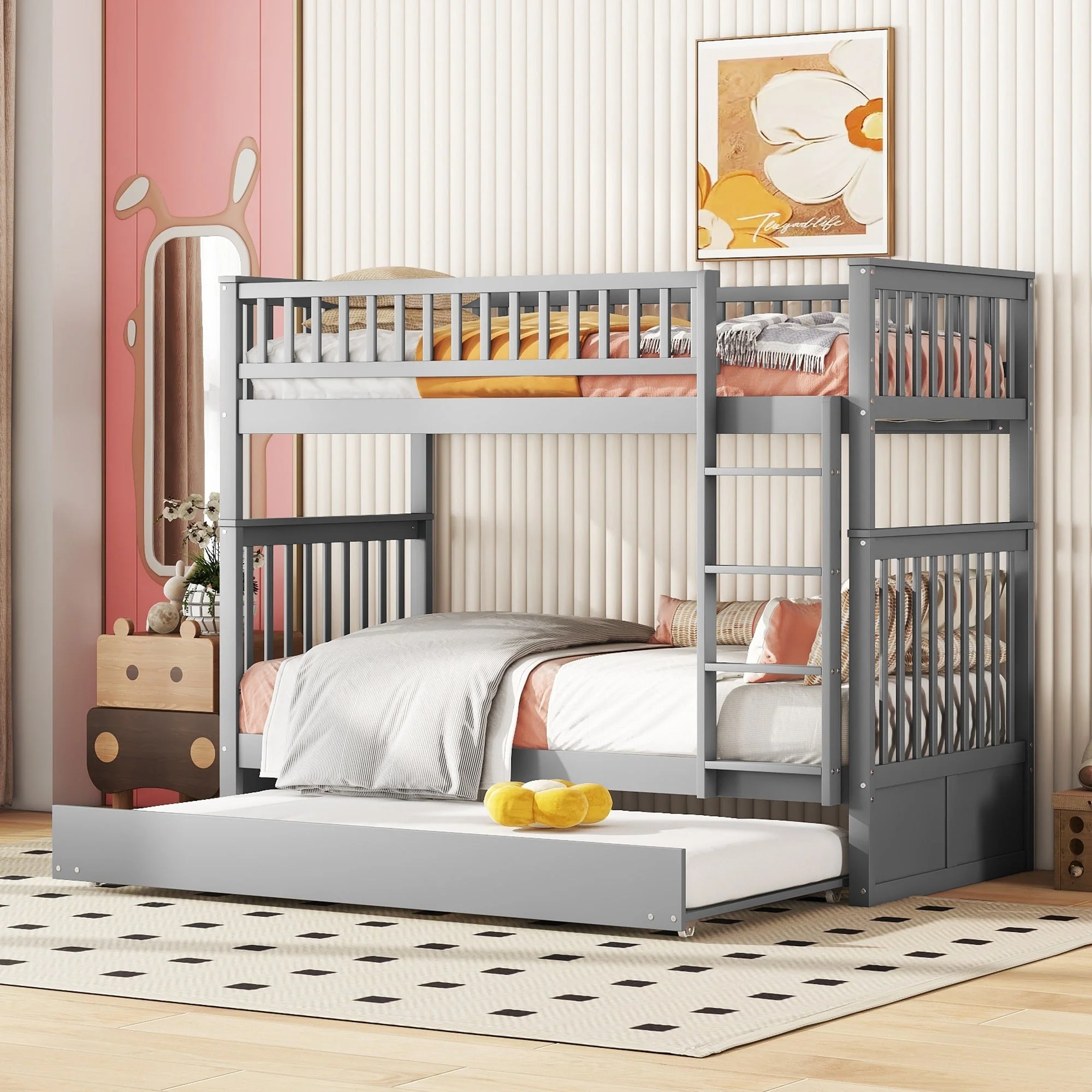 Bunk Bed Triple 90x200cm Pull-Out Bed Sturdy Stairs - Grey - Image 4