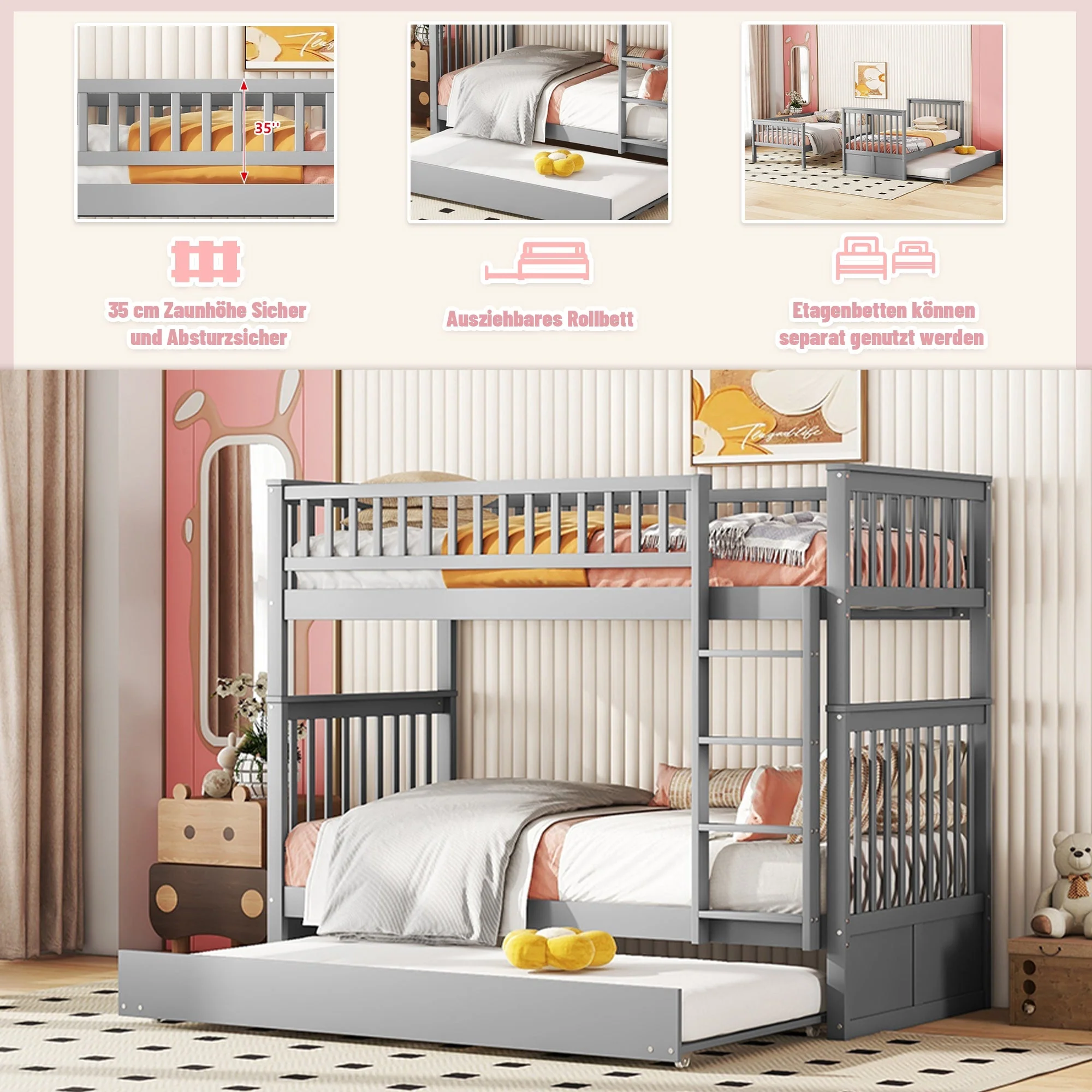 Bunk Bed Triple 90x200cm Pull-Out Bed Sturdy Stairs - Grey - Image 6