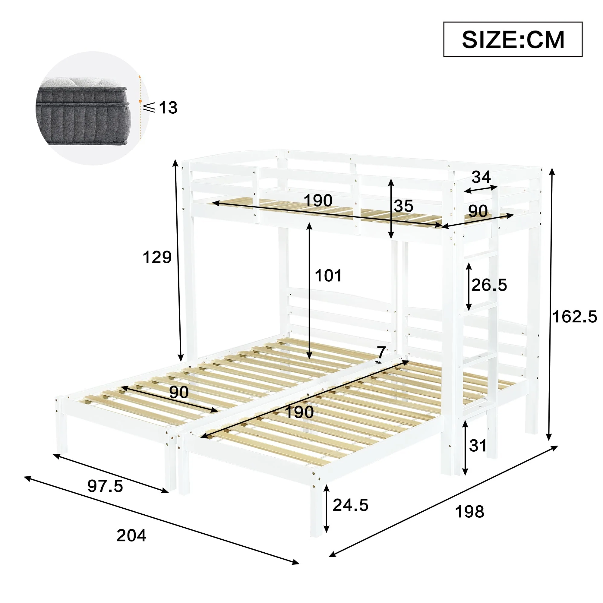 Bunk Bed Triple Sleeper with Side Ladder 3FT, White - Image 7