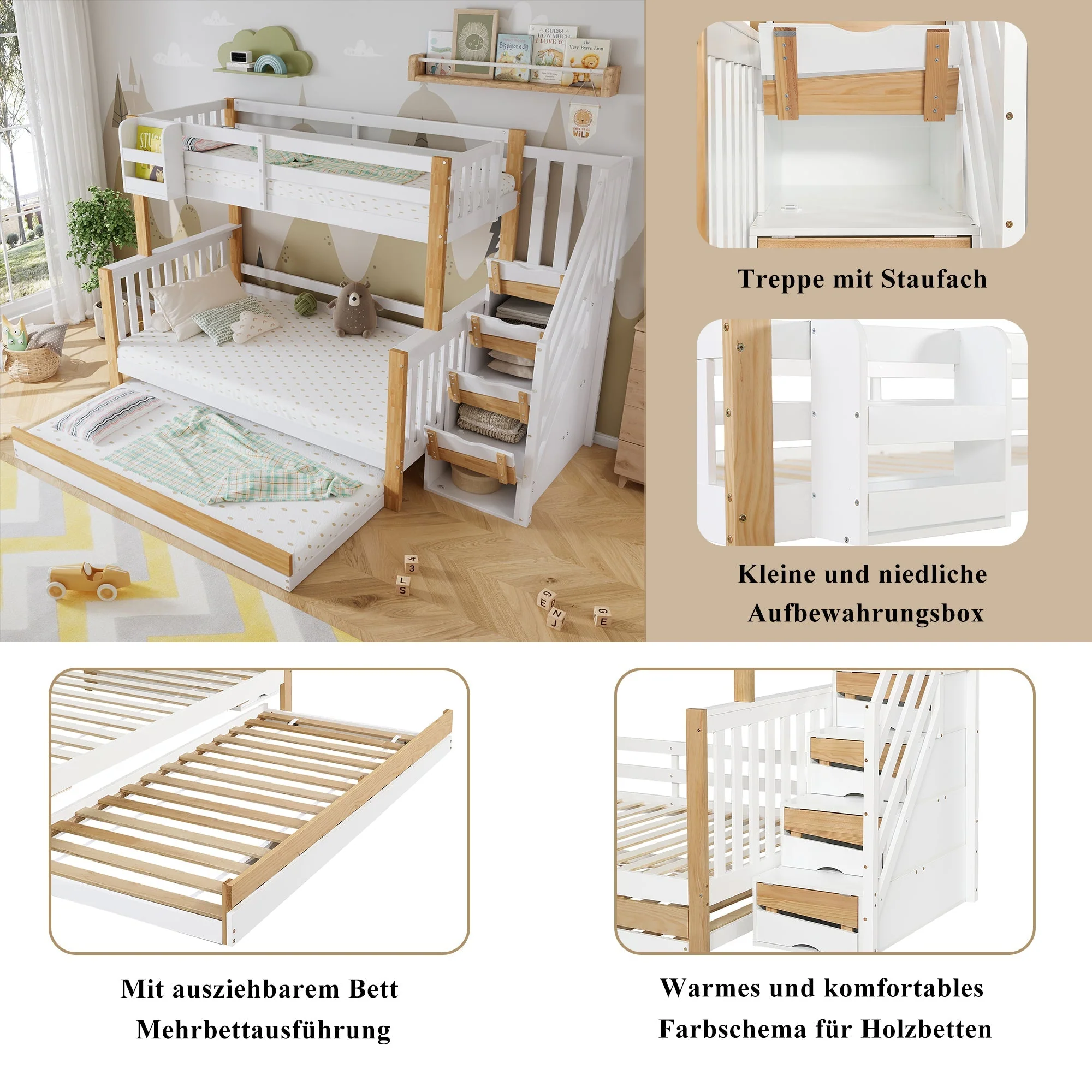 Bunk Bed, Trundle & Corner Stairs, Pine + MDF, White + Natural - Image 4
