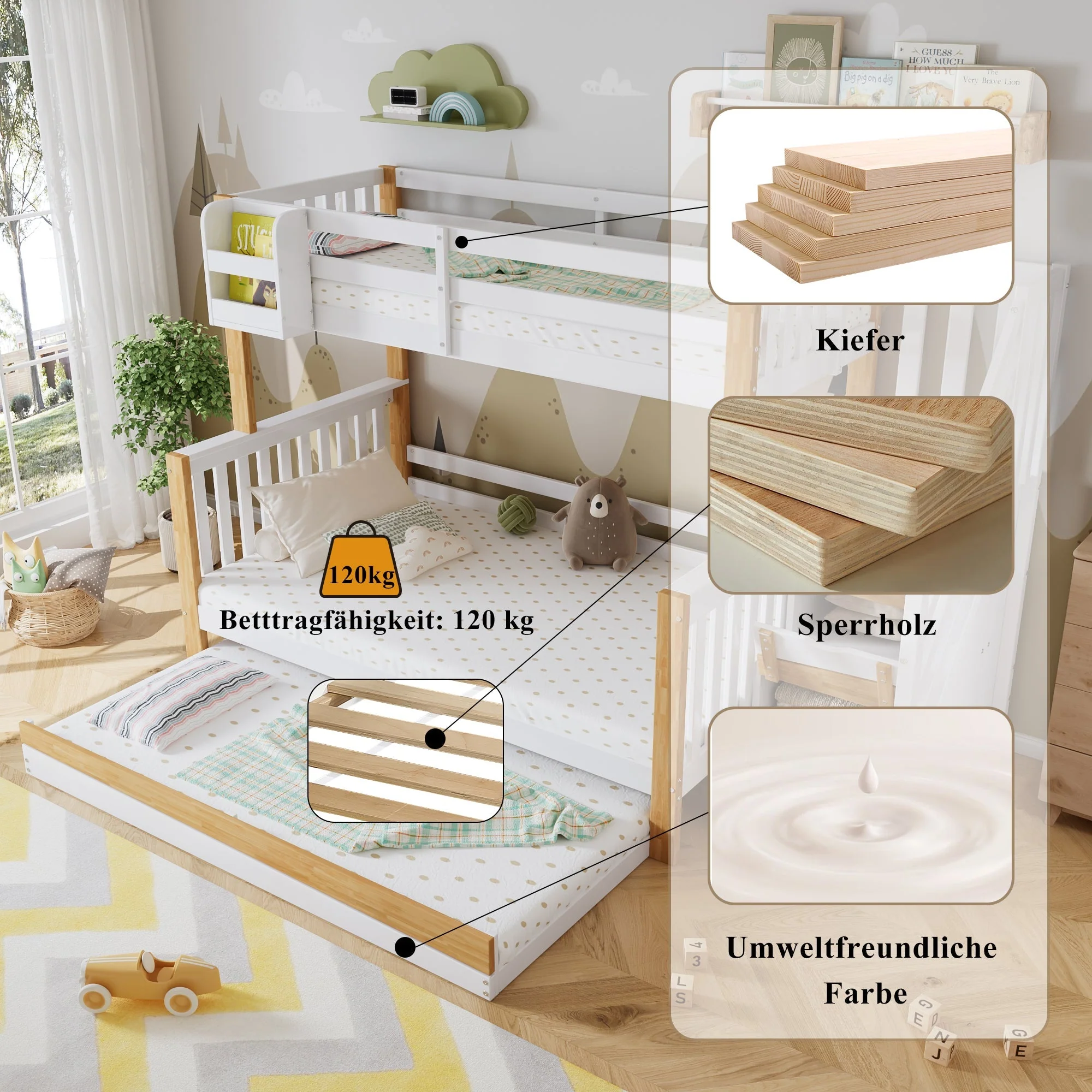 Bunk Bed, Trundle & Corner Stairs, Pine + MDF, White + Natural - Image 5