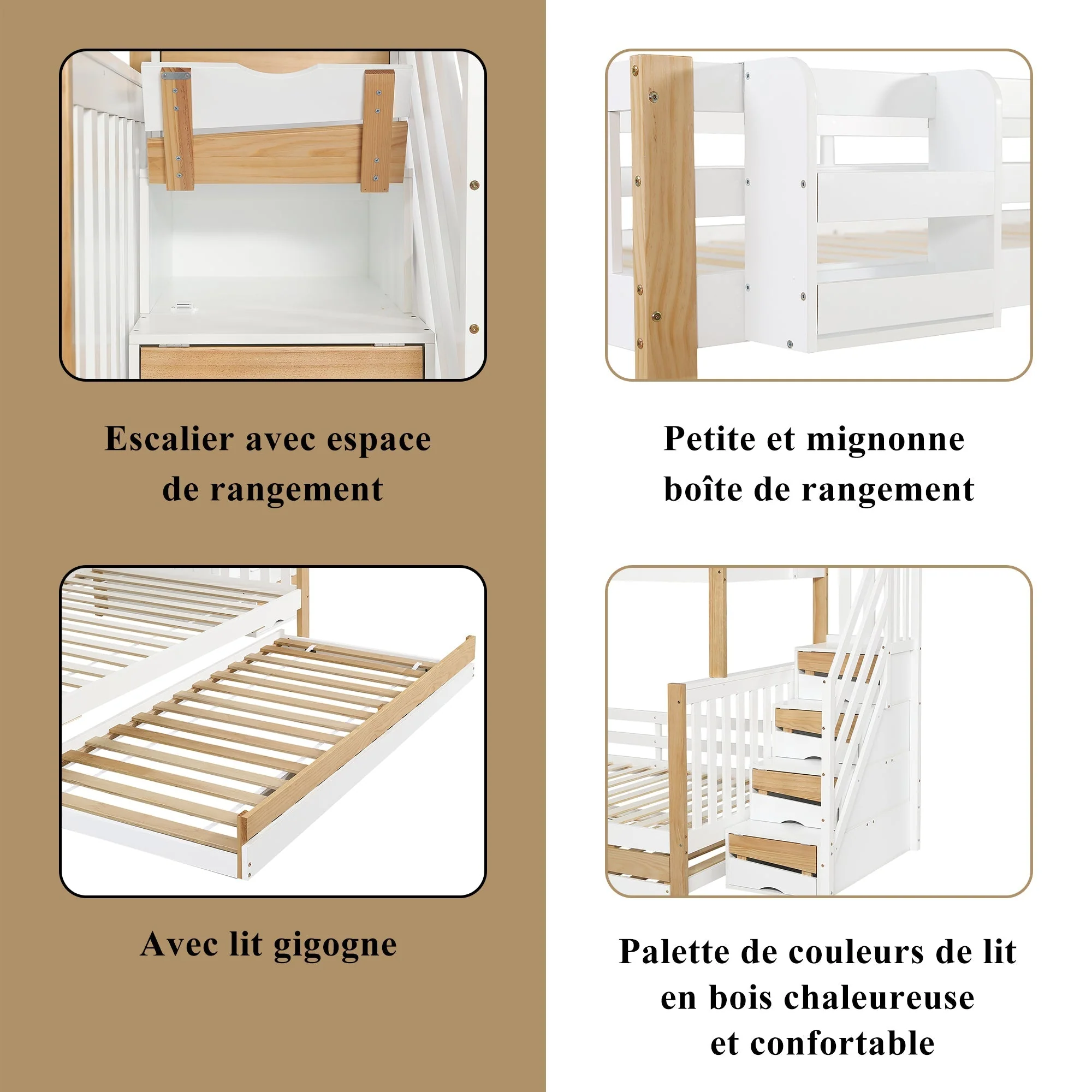 Bunk Bed, Trundle & Corner Stairs, Pine + MDF, White + Natural - Image 7