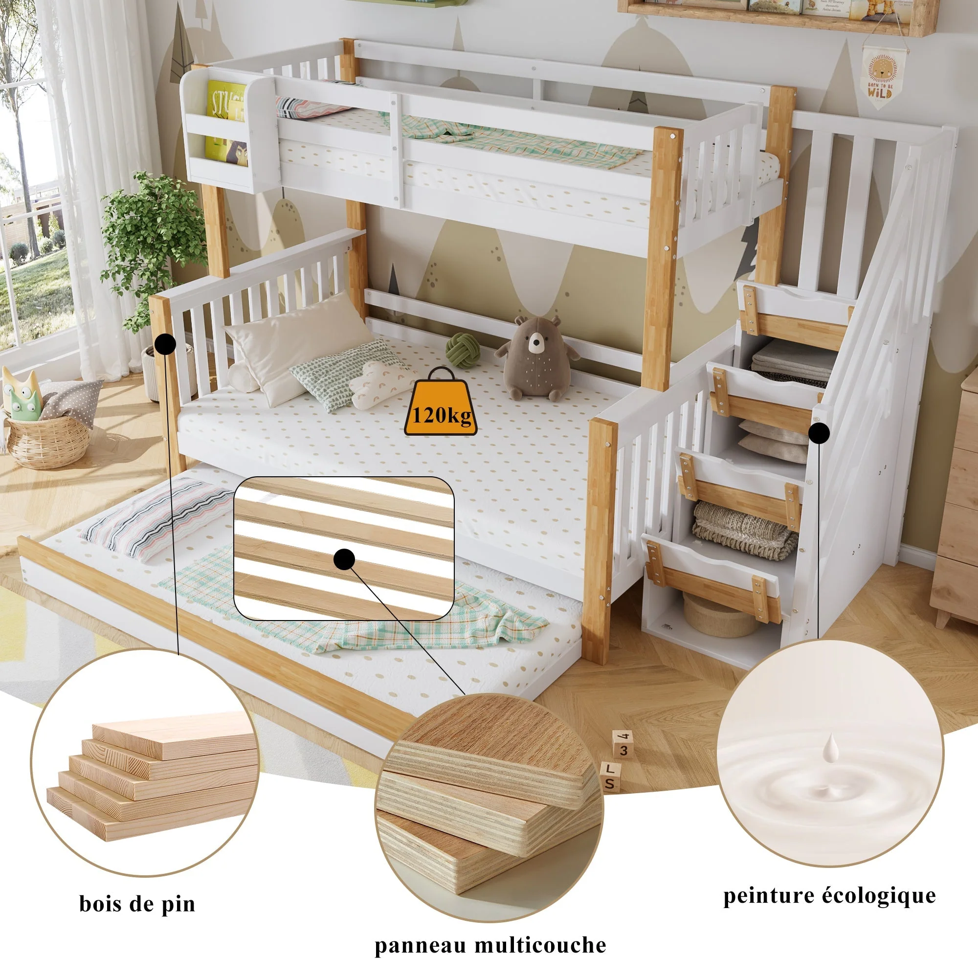 Bunk Bed, Trundle & Corner Stairs, Pine + MDF, White + Natural - Image 8