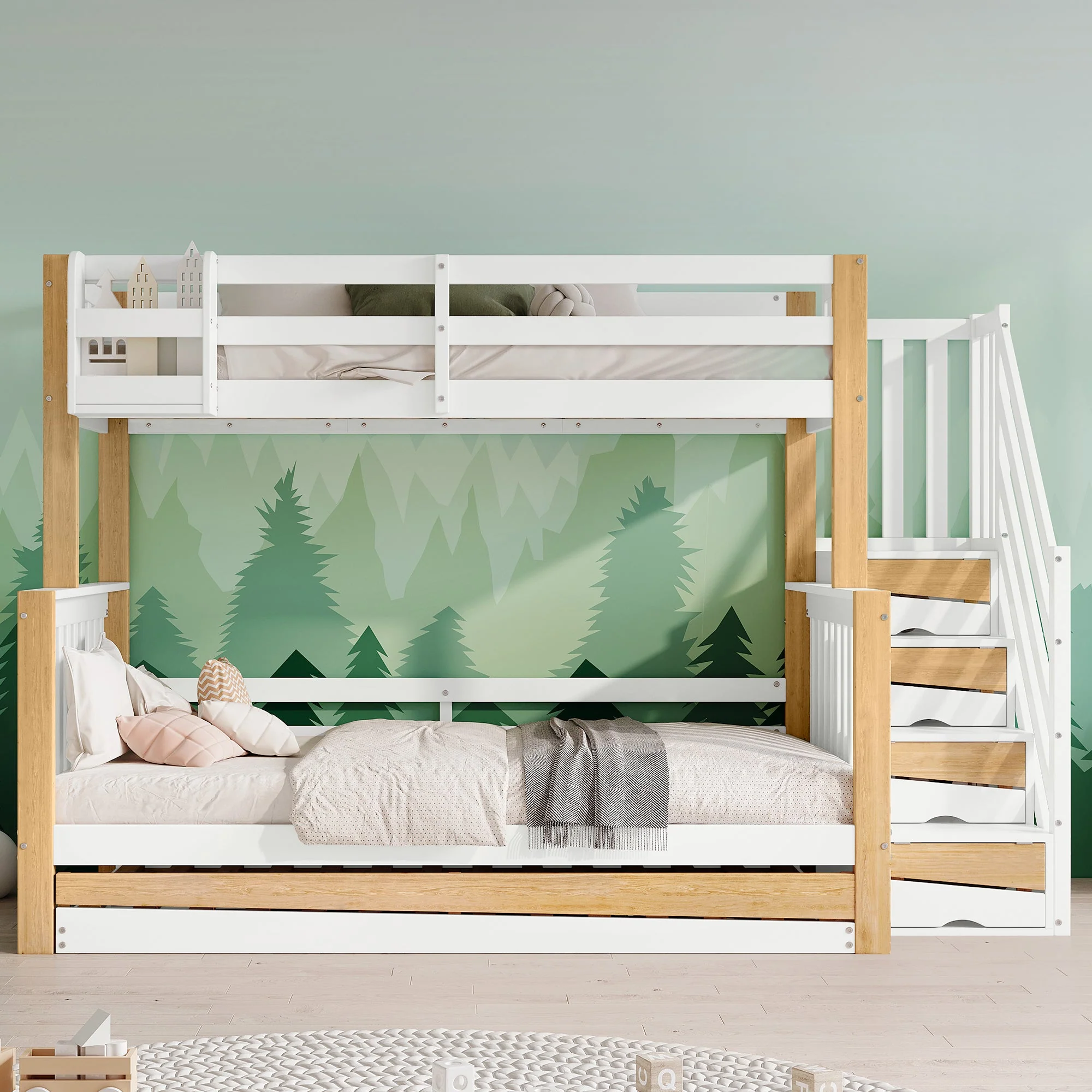 Bunk Bed, Trundle & Corner Stairs, Pine + MDF, White + Natural - Image 9