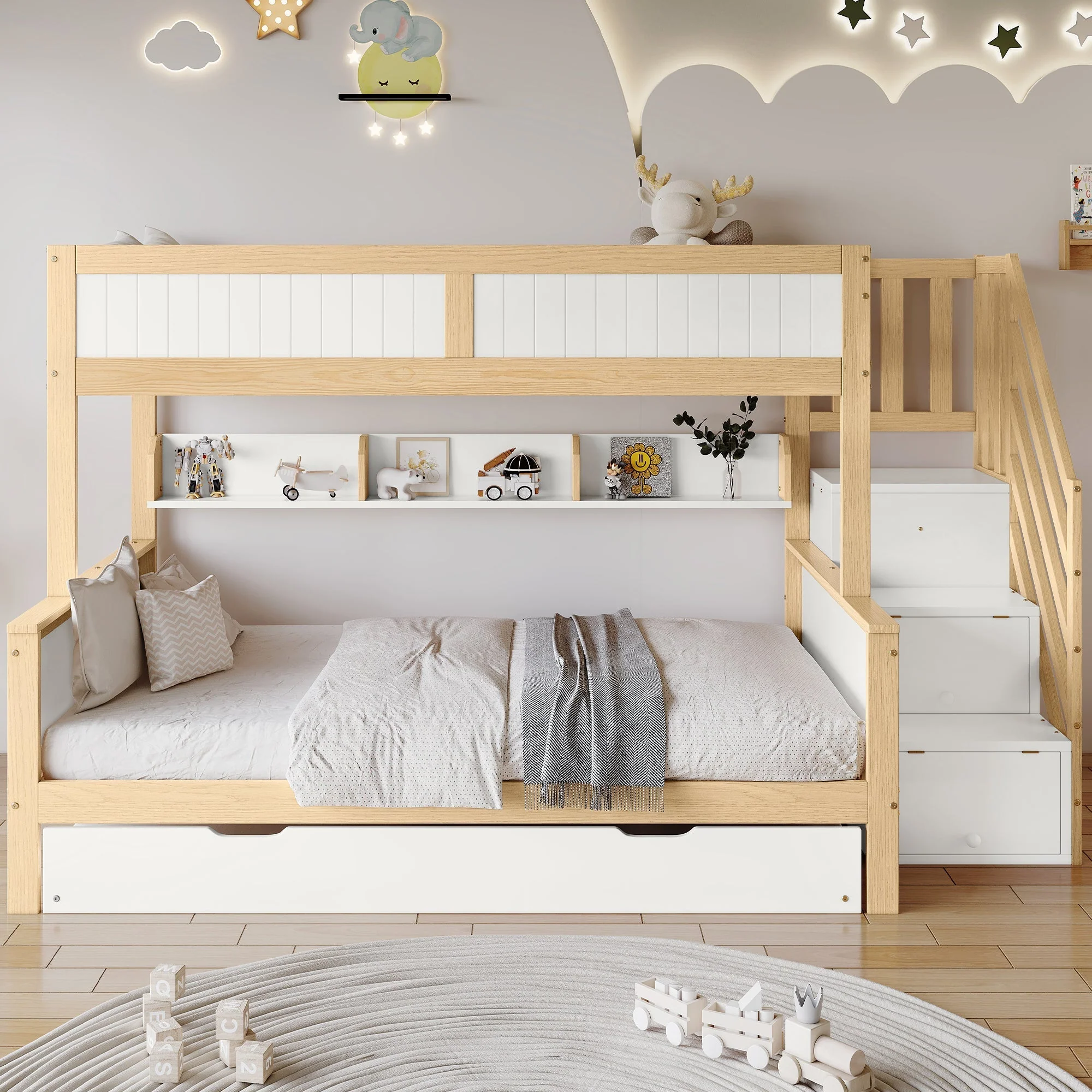 Bunk Bed, Trundle & Wardrobe, Corner Stairs, Pine+MDF, White+Natural - Image 2