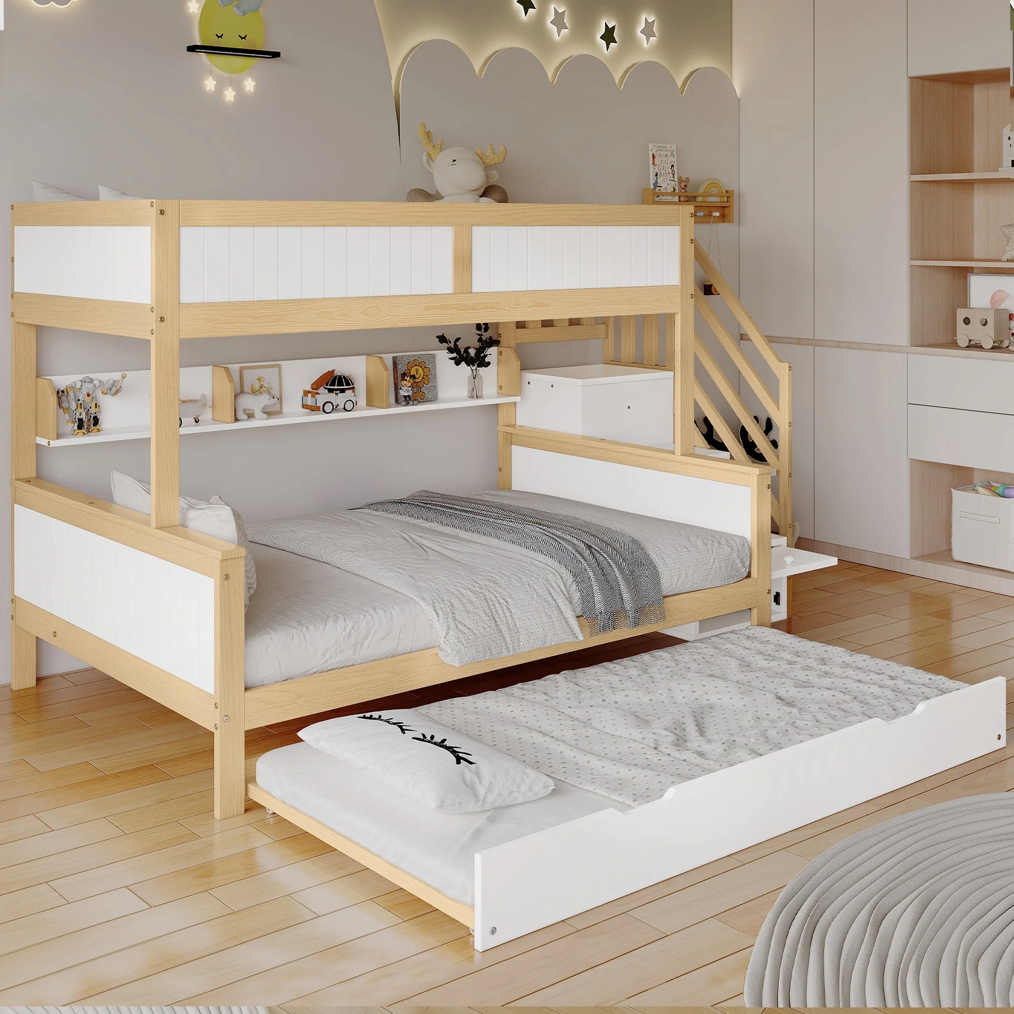 Bunk Bed, Trundle & Wardrobe, Corner Stairs, Pine+MDF, White+Natural - Image 4