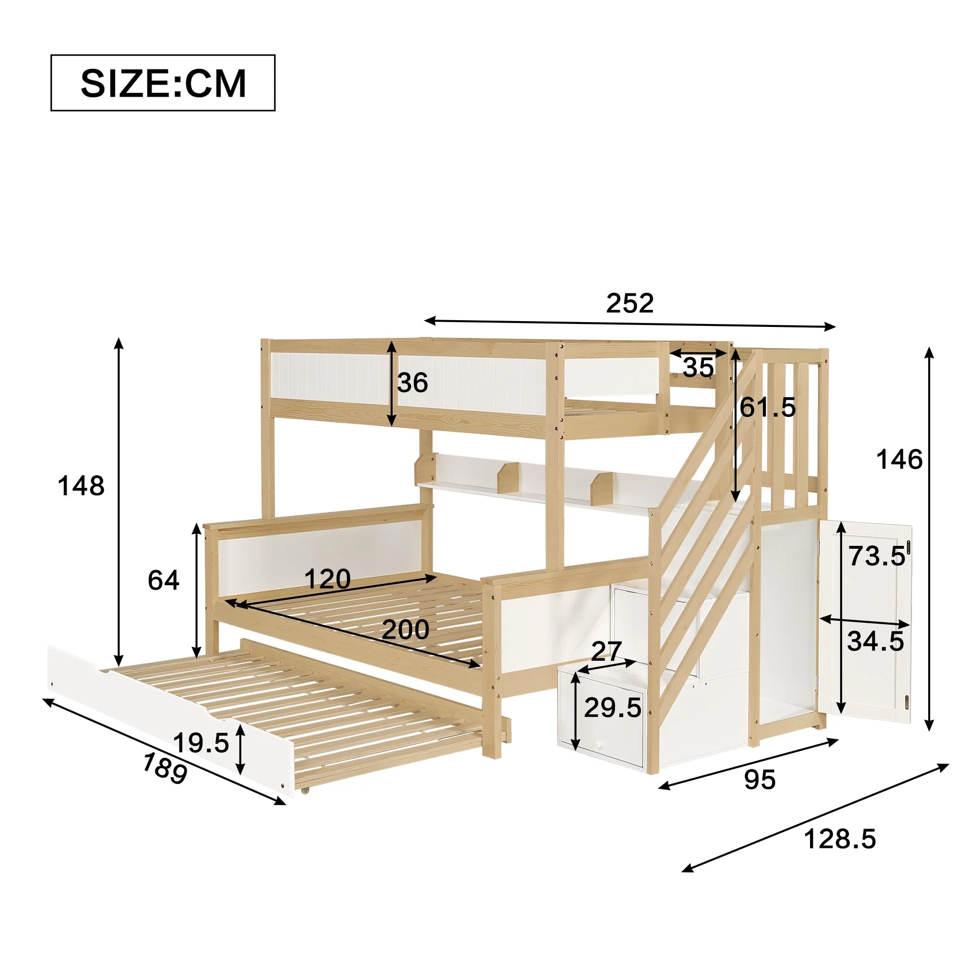Bunk Bed, Trundle & Wardrobe, Corner Stairs, Pine+MDF, White+Natural - Image 6