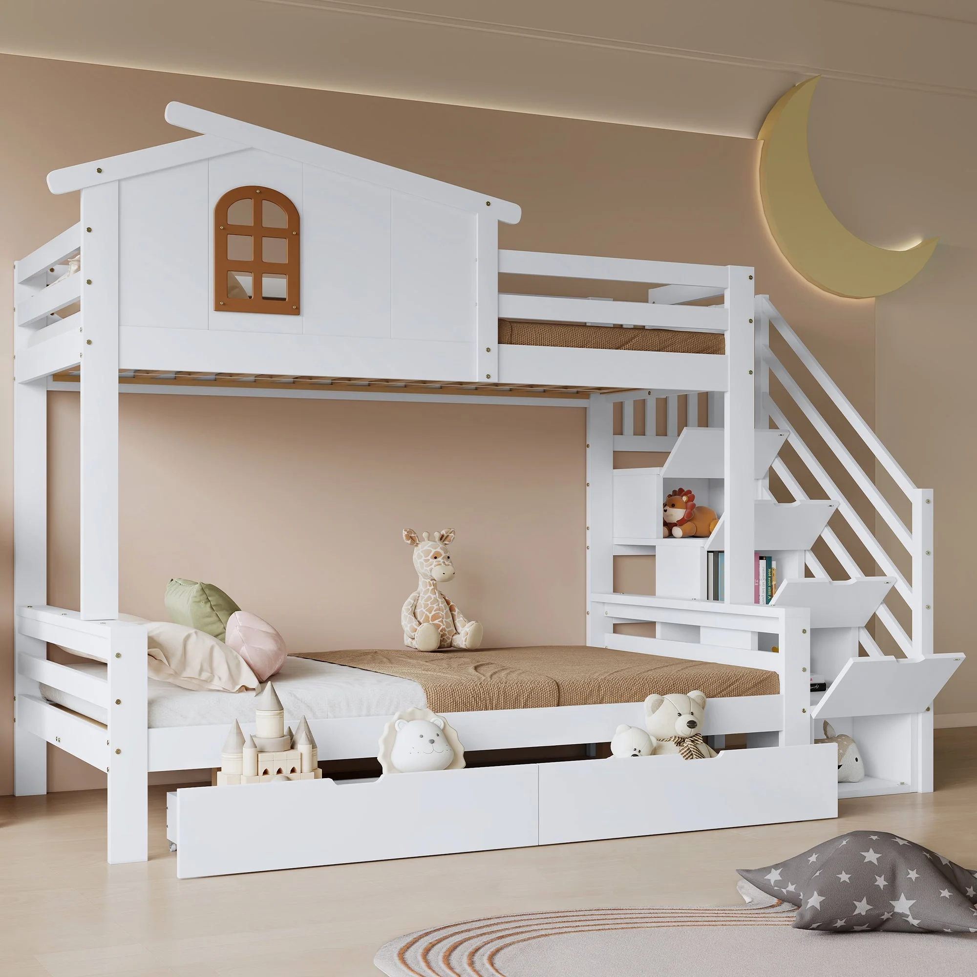 Bunk Bed, Two Drawers, Corner Ladder, Pine + MDF + Plywood, White + Natural - Image 3