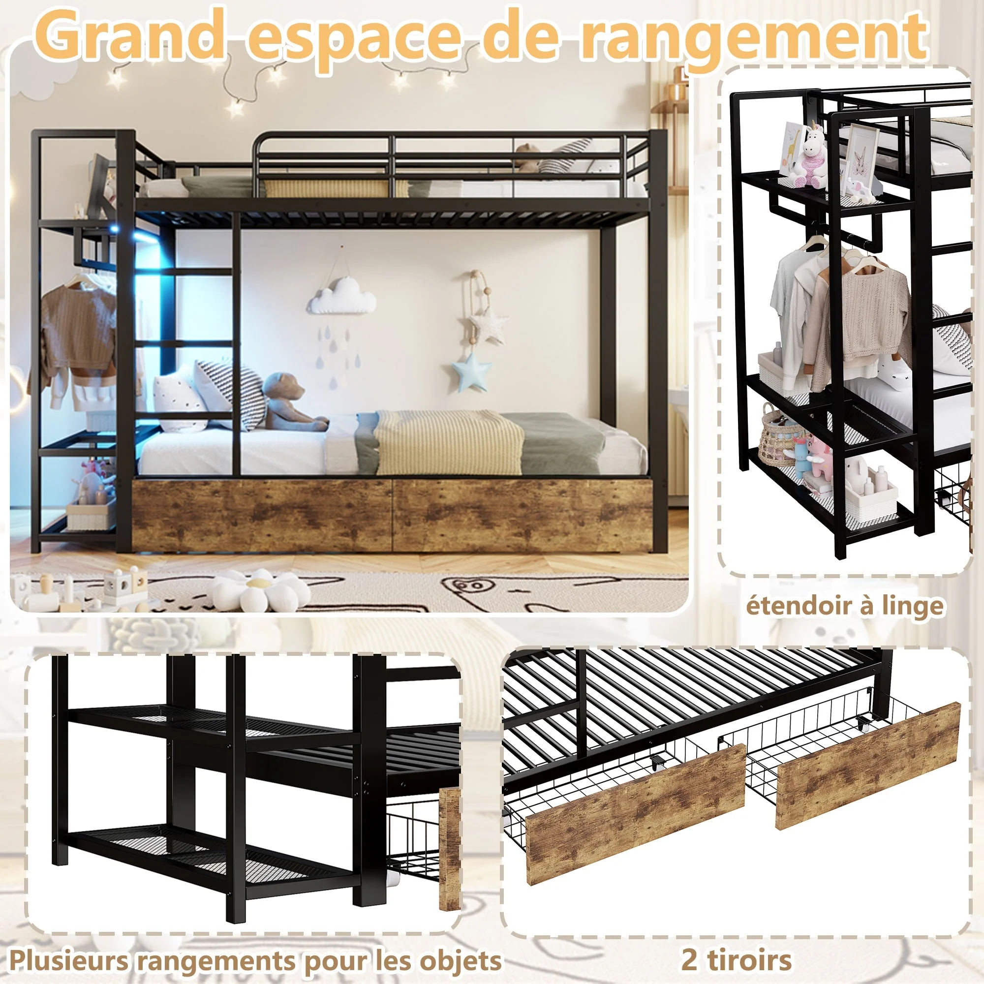 Bunk Bed with 2 Drawers, Shelves, LED and Clothes Rail, 90x200cm, Black Iron Frame - Image 5