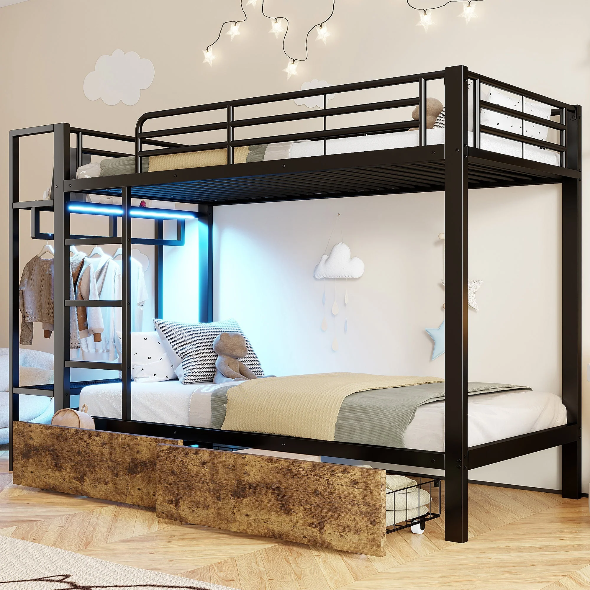 Bunk Bed with 2 Drawers, Shelves, LED and Clothes Rail, 90x200cm, Black Iron Frame - Image 7