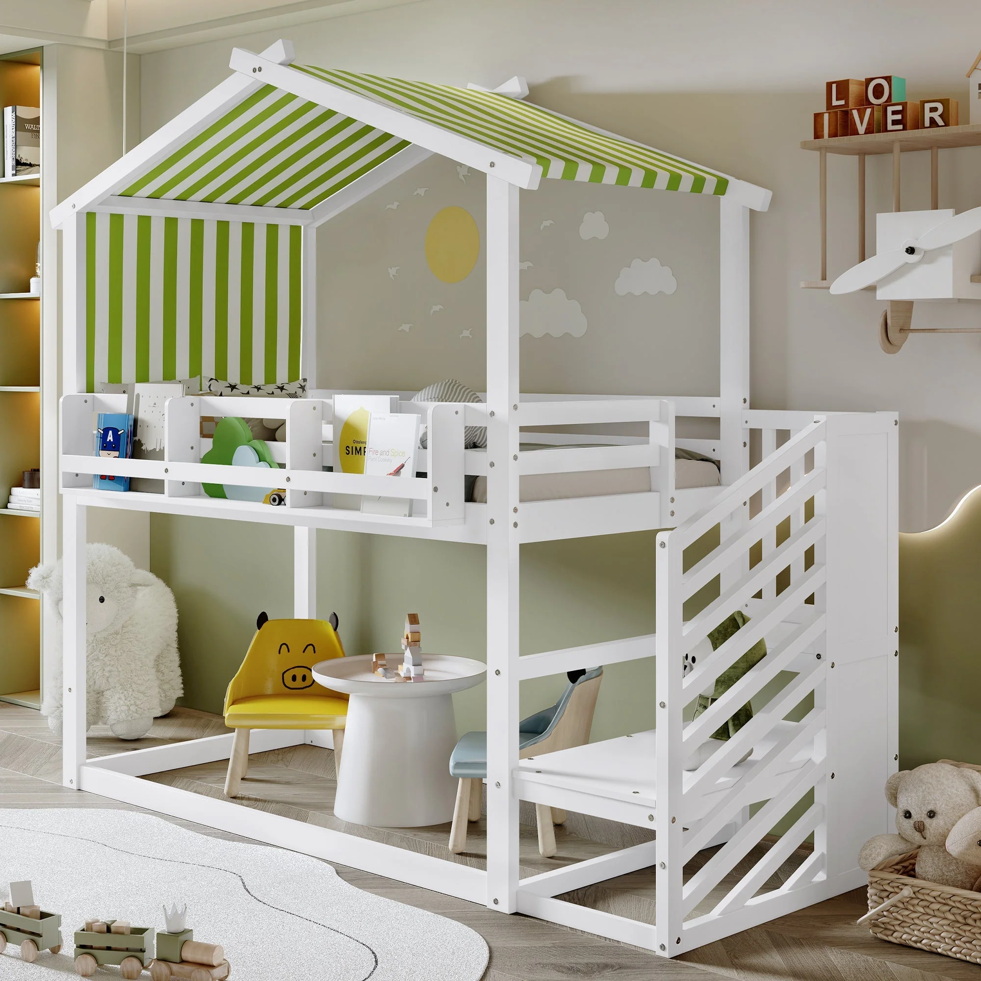 Bunk Bed with Decorative Canopy, Corner Staircase & Picture Bookshelf, 3ft 90x190cm, MDF Pinewood Plywood, White + Green - Image 2