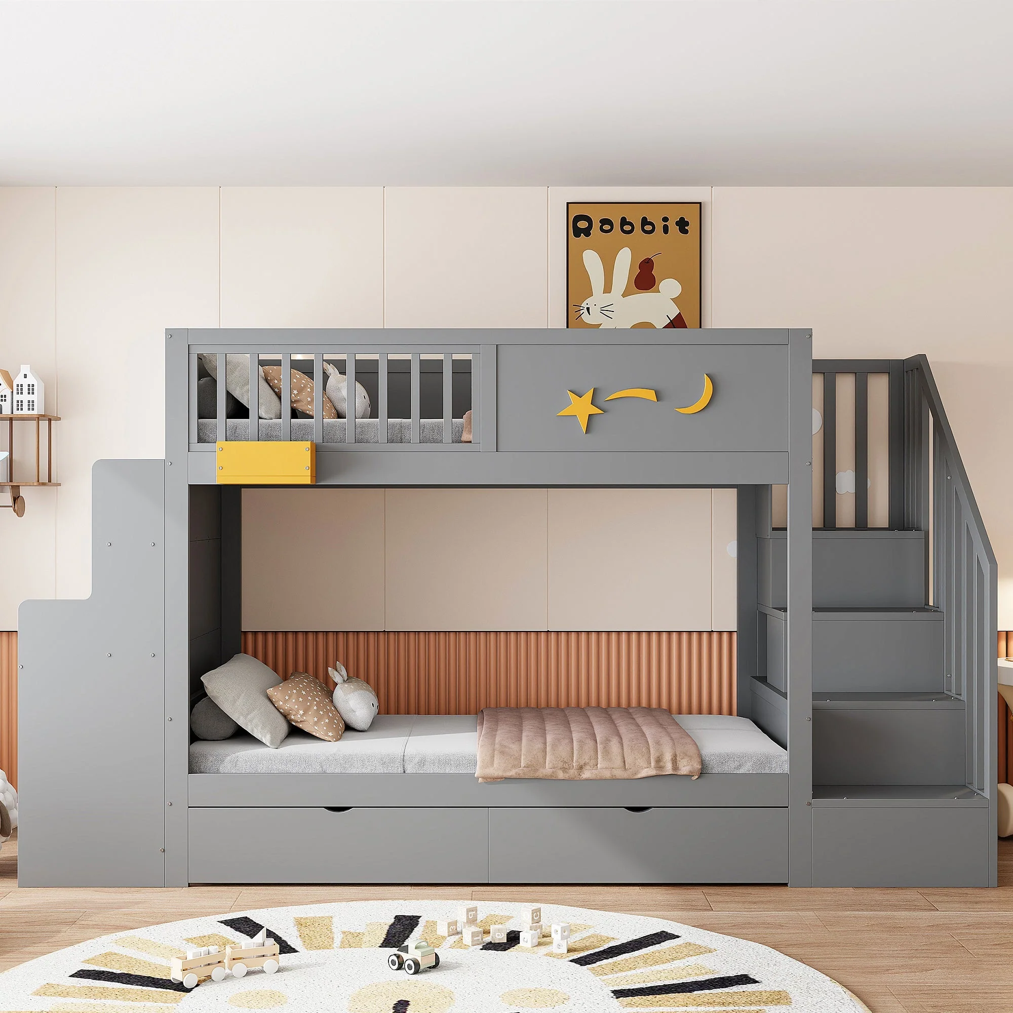 Bunk Bed with Desk, Storage Drawers and Star Motif, 90x200cm, Grey Pine Wood - Image 3