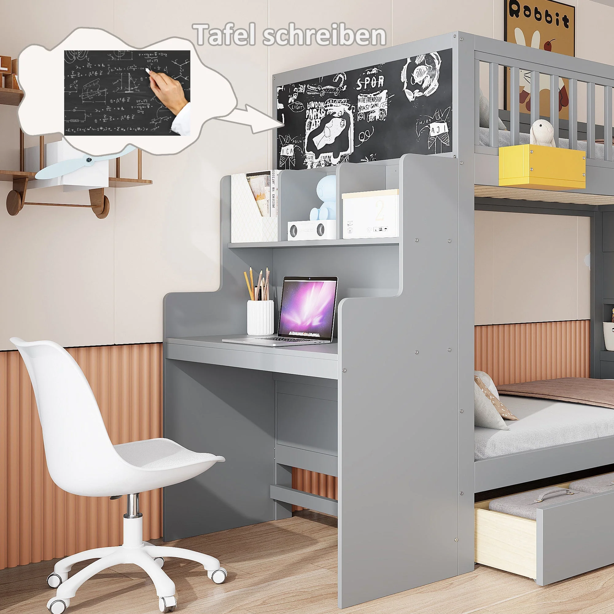 Bunk Bed with Desk, Storage Drawers and Star Motif, 90x200cm, Grey Pine Wood - Image 4