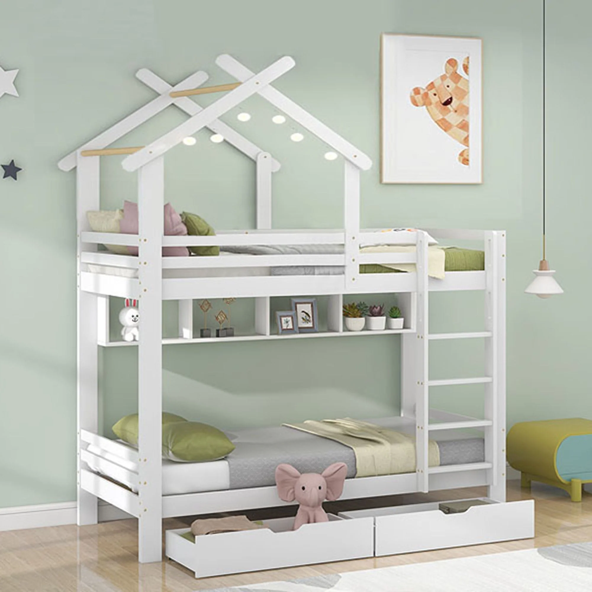 Bunk Bed with Drawers, Shelves & Ladder, Pinewood Frame, White - Image 6