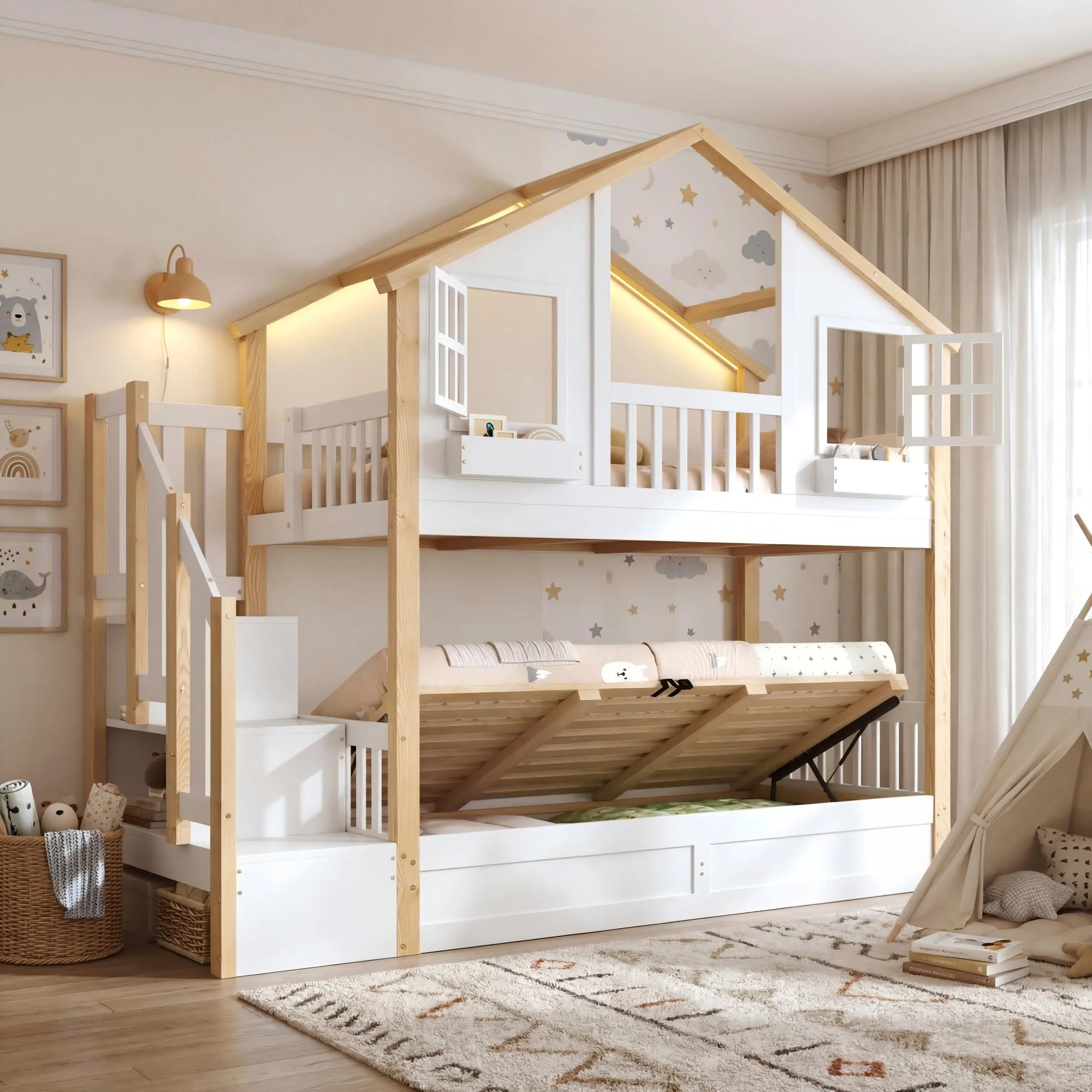 Bunk Bed with Hydraulic Lower Bed, LED Lighting and Storage Stairs, 90x200cm, White and Natural Solid Wood - Image 4
