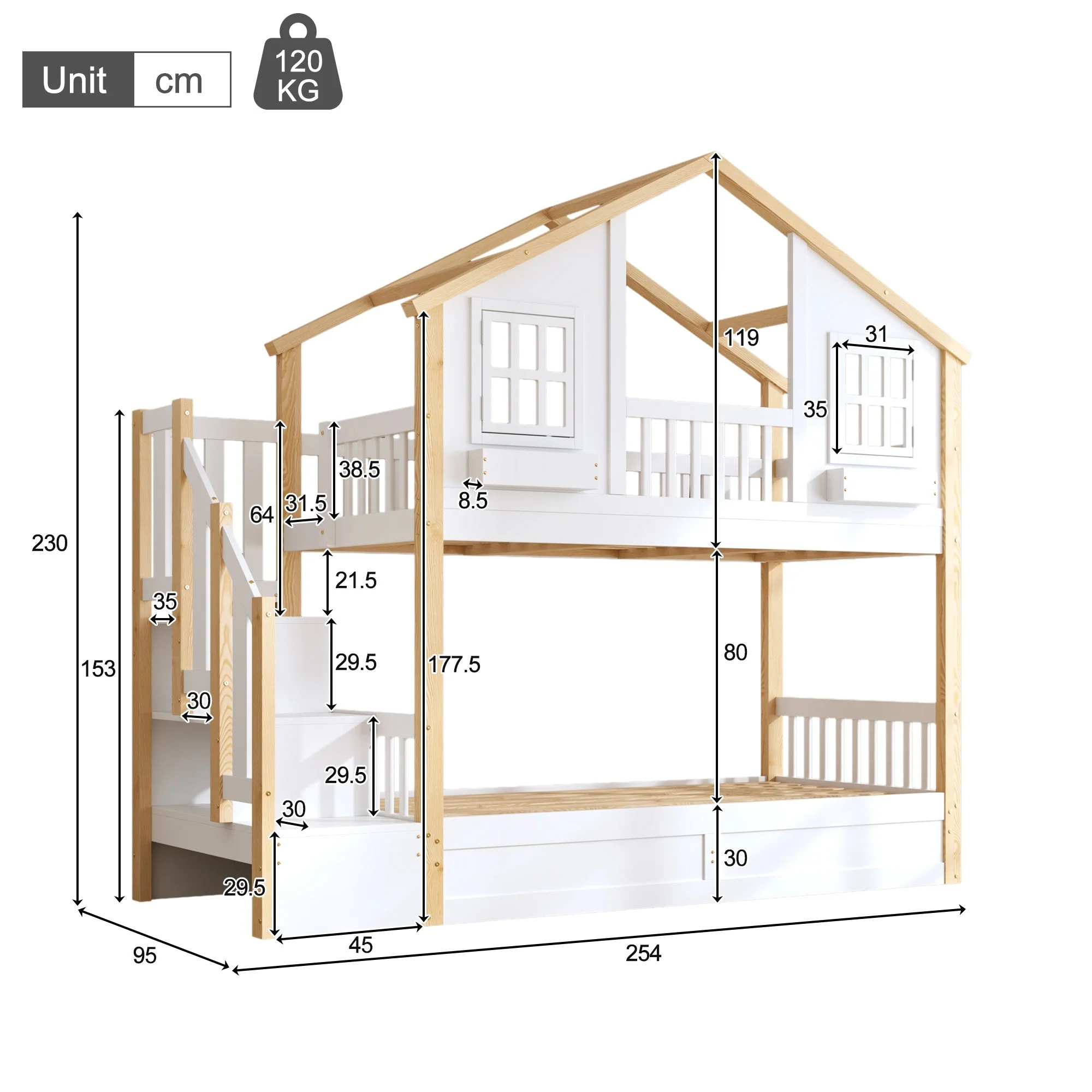 Bunk Bed with Hydraulic Lower Bed, LED Lighting and Storage Stairs, 90x200cm, White and Natural Solid Wood - Image 7