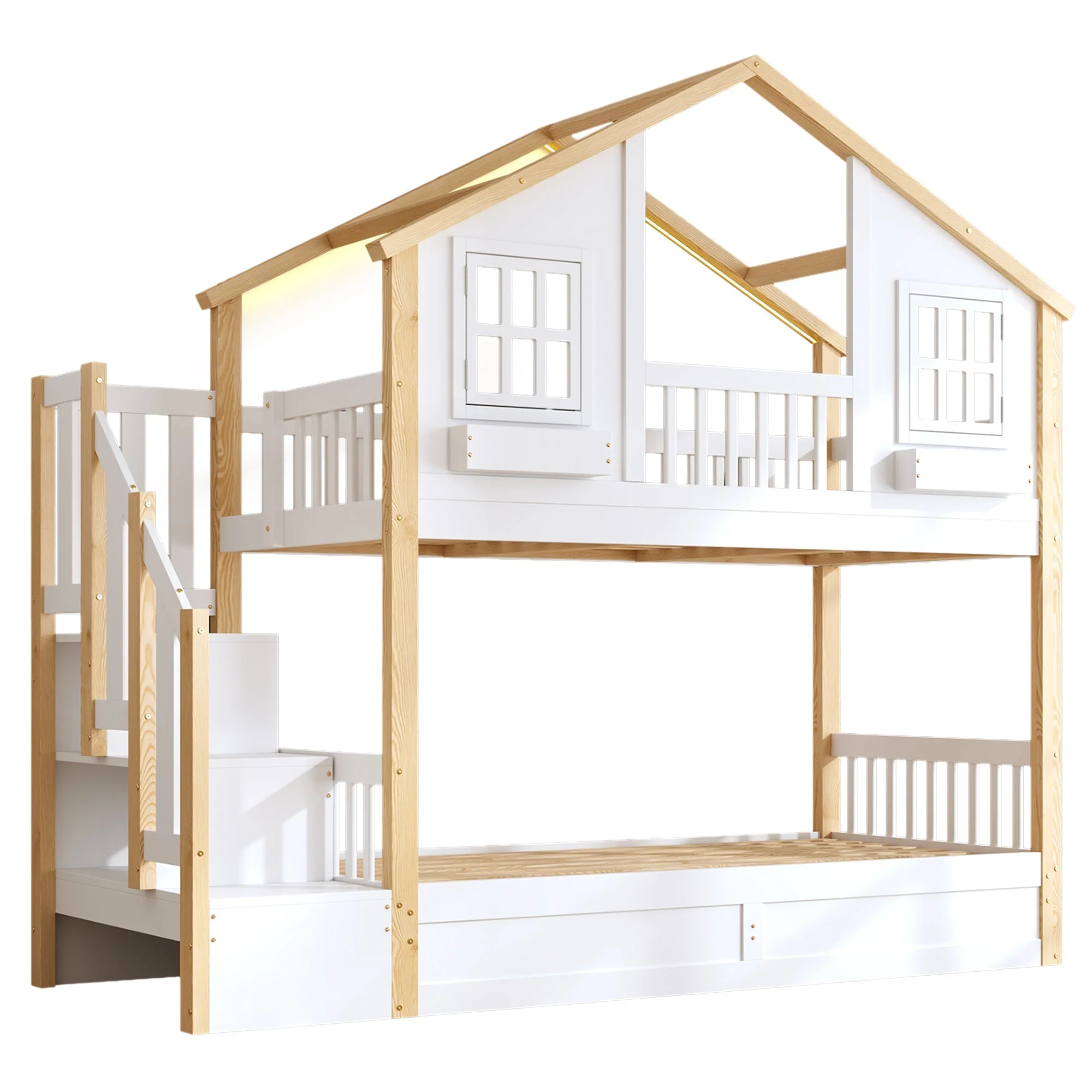 Bunk Bed with Hydraulic Lower Bed, LED Lighting and Storage Stairs, 90x200cm, White and Natural Solid Wood - Image 8
