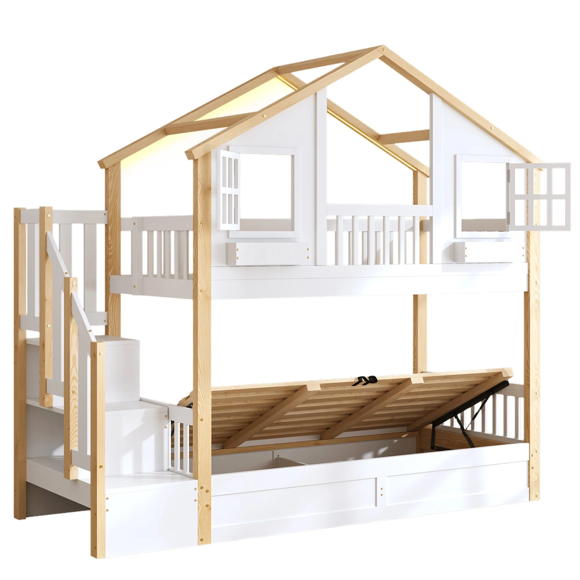Bunk Bed with Hydraulic Lower Bed, LED Lighting and Storage Stairs, 90x200cm, White and Natural Solid Wood - Image 9