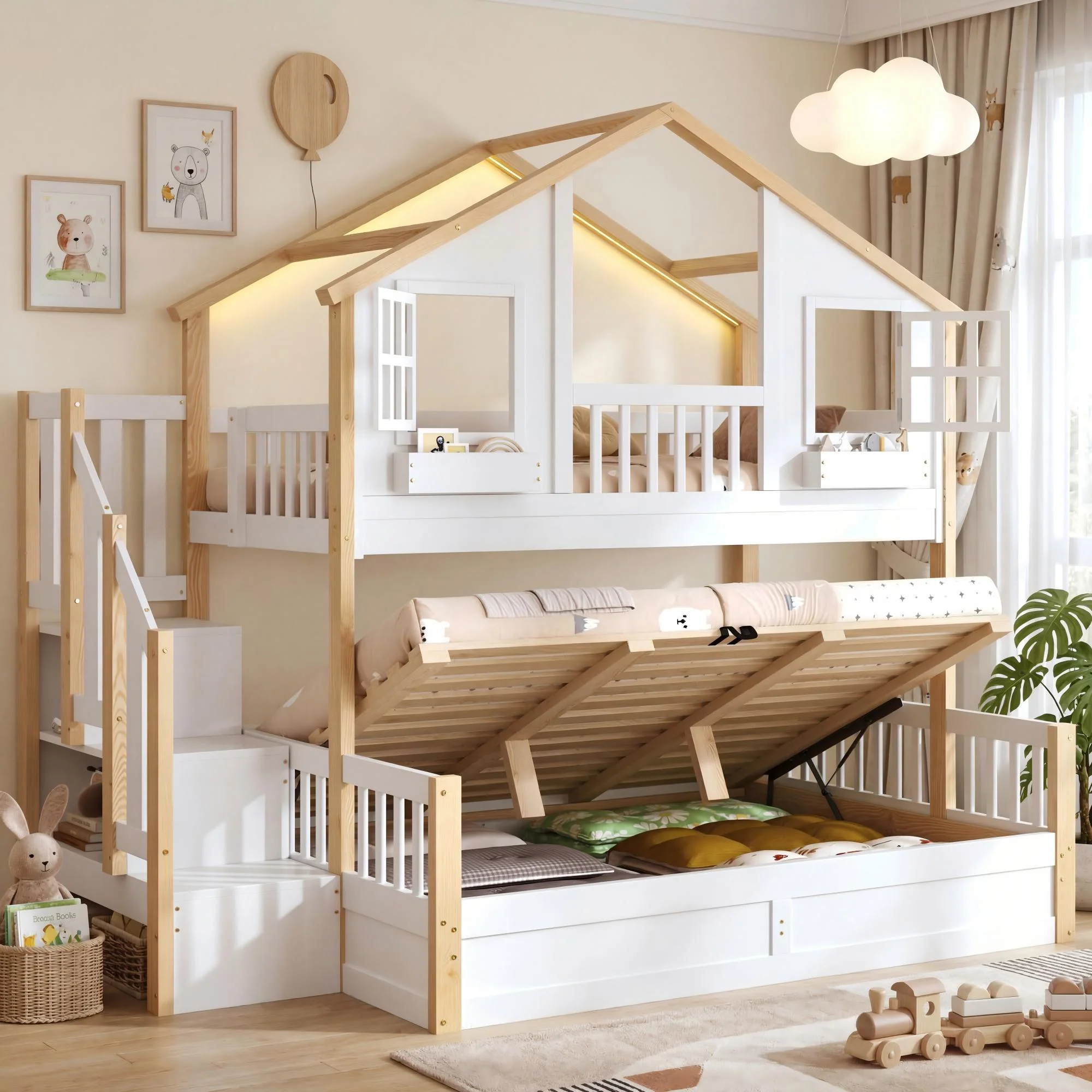 Bunk Bed with Hydraulic Storage, LED, and Stairs, 90x200/140x200cm, White and Natural Wood - Image 5