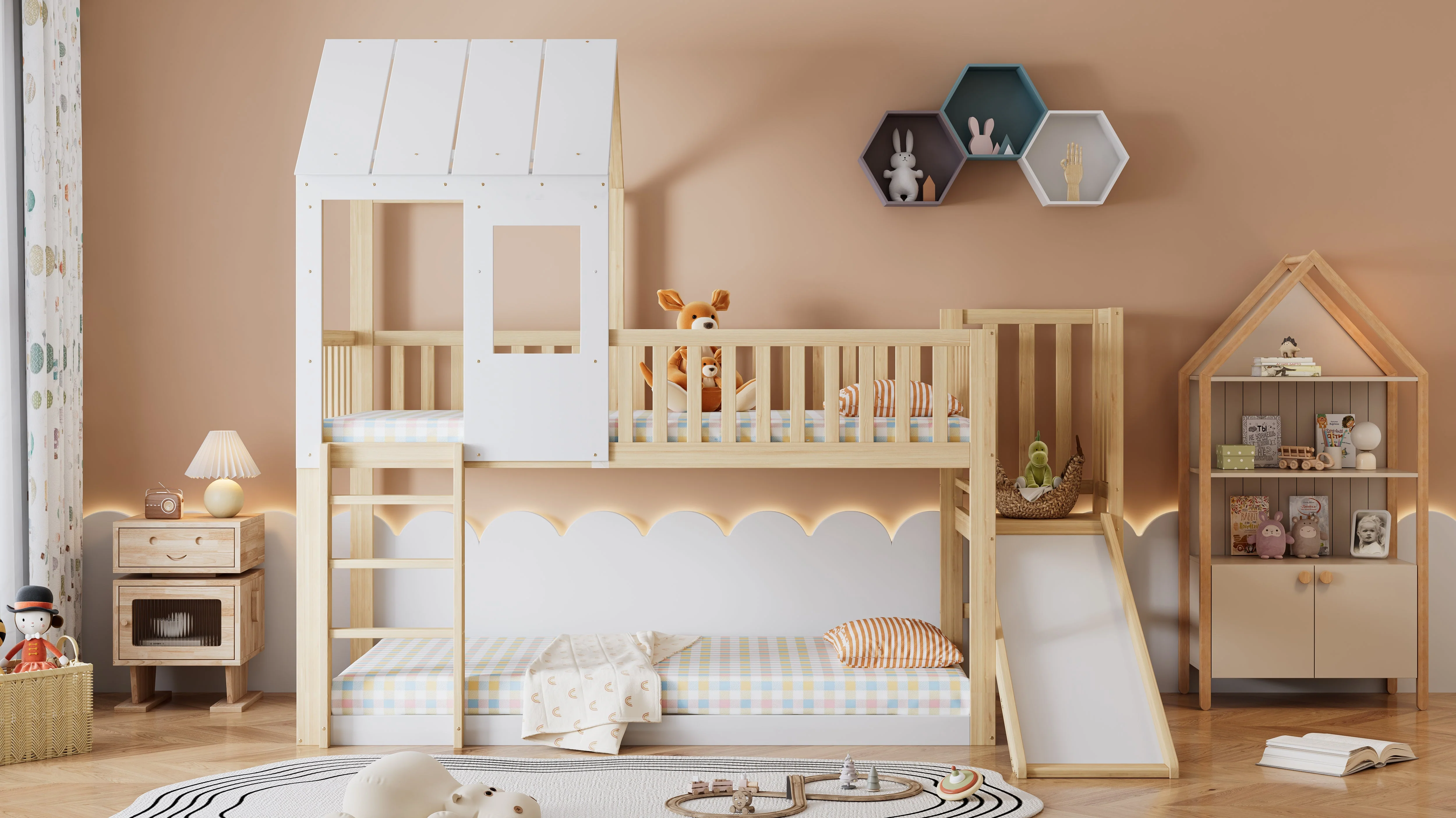 Bunk Bed with Ladder, Slide, Roof & Window, Pine Wood, Natural + White - Image 10