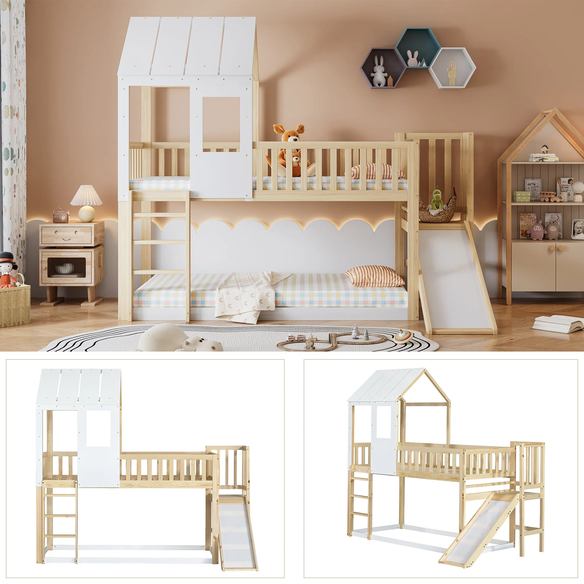 Bunk Bed with Ladder, Slide, Roof & Window, Pine Wood, Natural + White - Image 7