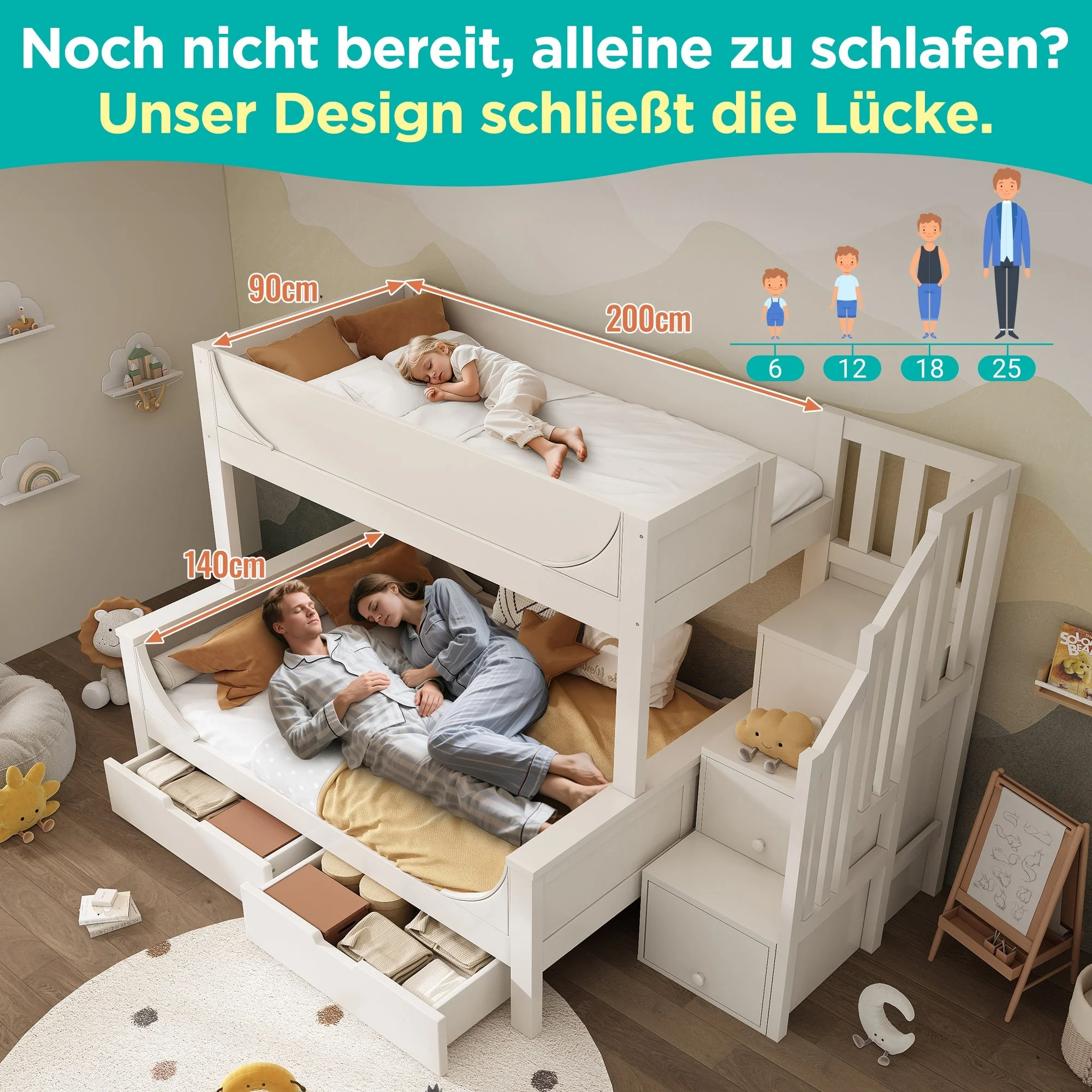 Bunk Bed with Ladder, Wardrobe, & Drawers, Sleigh Design 90/140x200cm Wooden White - Image 4