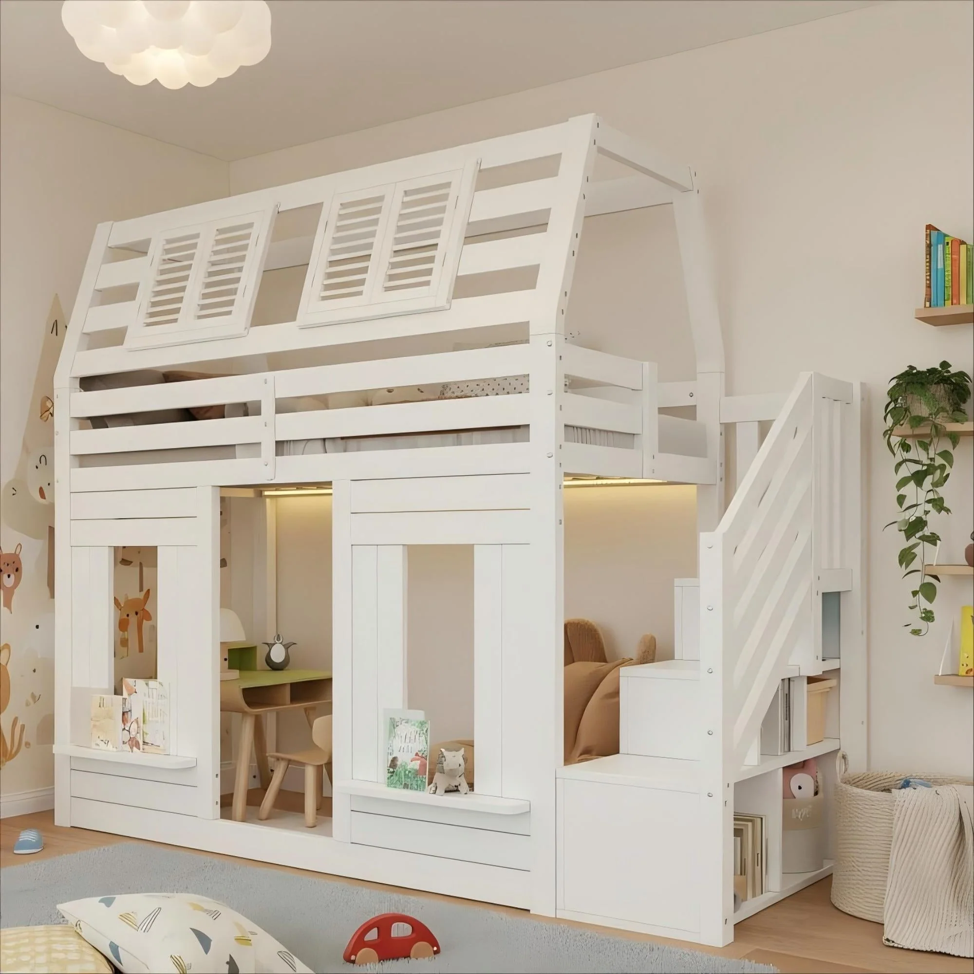 Bunk Bed with LED, Fall Protection and Storage Stairs, 90x200cm, White Wooden House Design - Image 7