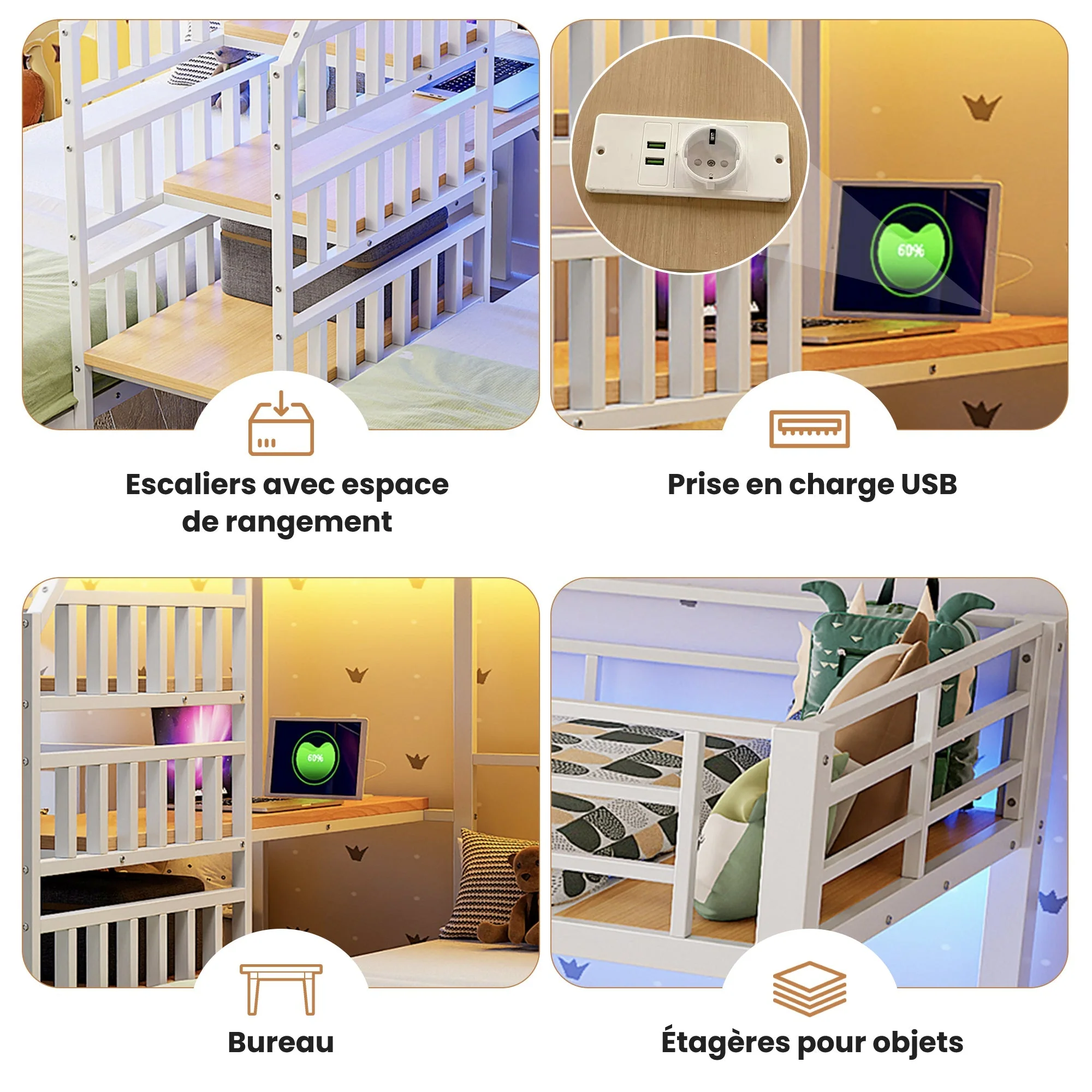 Bunk Bed with LED Lights, Integrated Storage Ladder, USB Ports and Desk, White - Image 7
