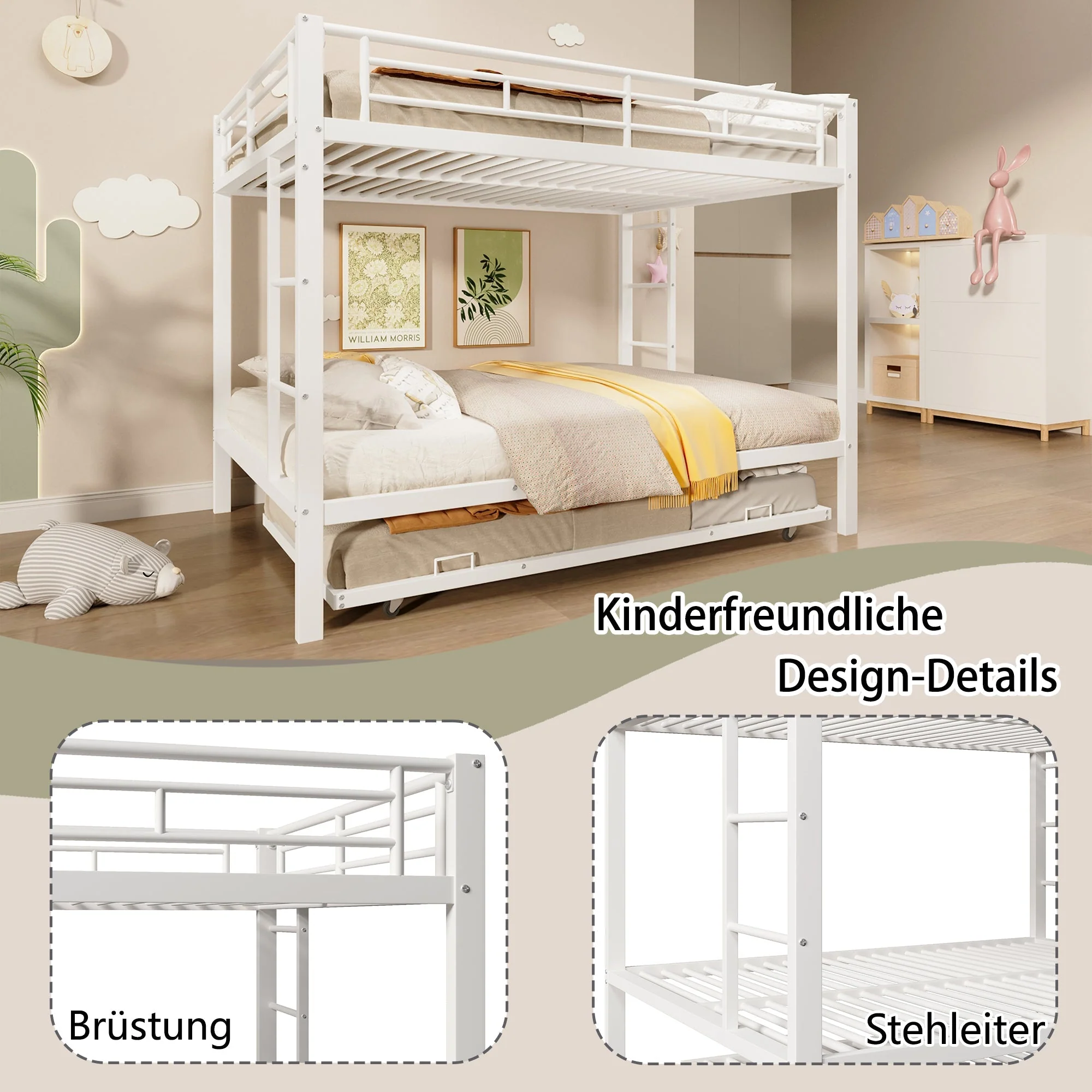 Bunk Bed with Pull-Out Bed and High Railings, 140x200cm Iron Frame, White - Image 2