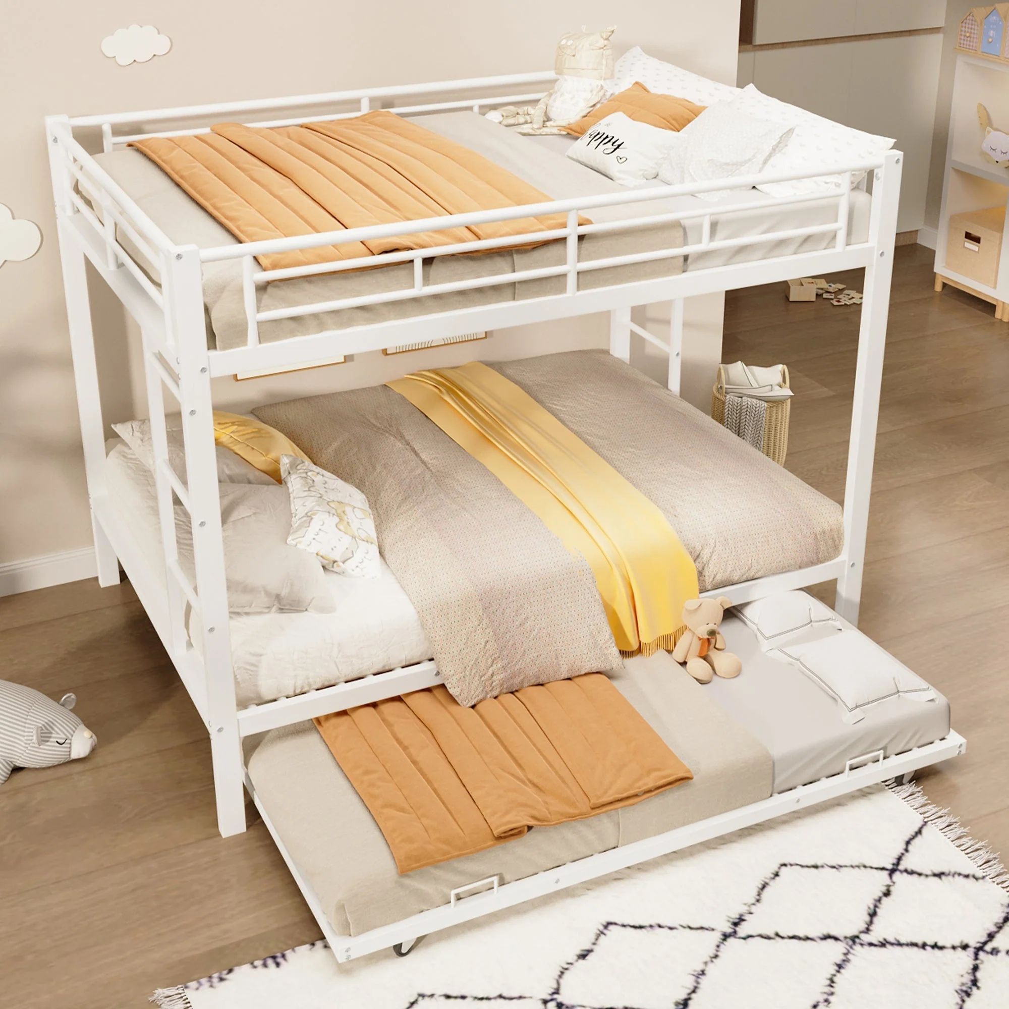 Bunk Bed with Pull-Out Bed and High Railings, 140x200cm Iron Frame, White - Image 4