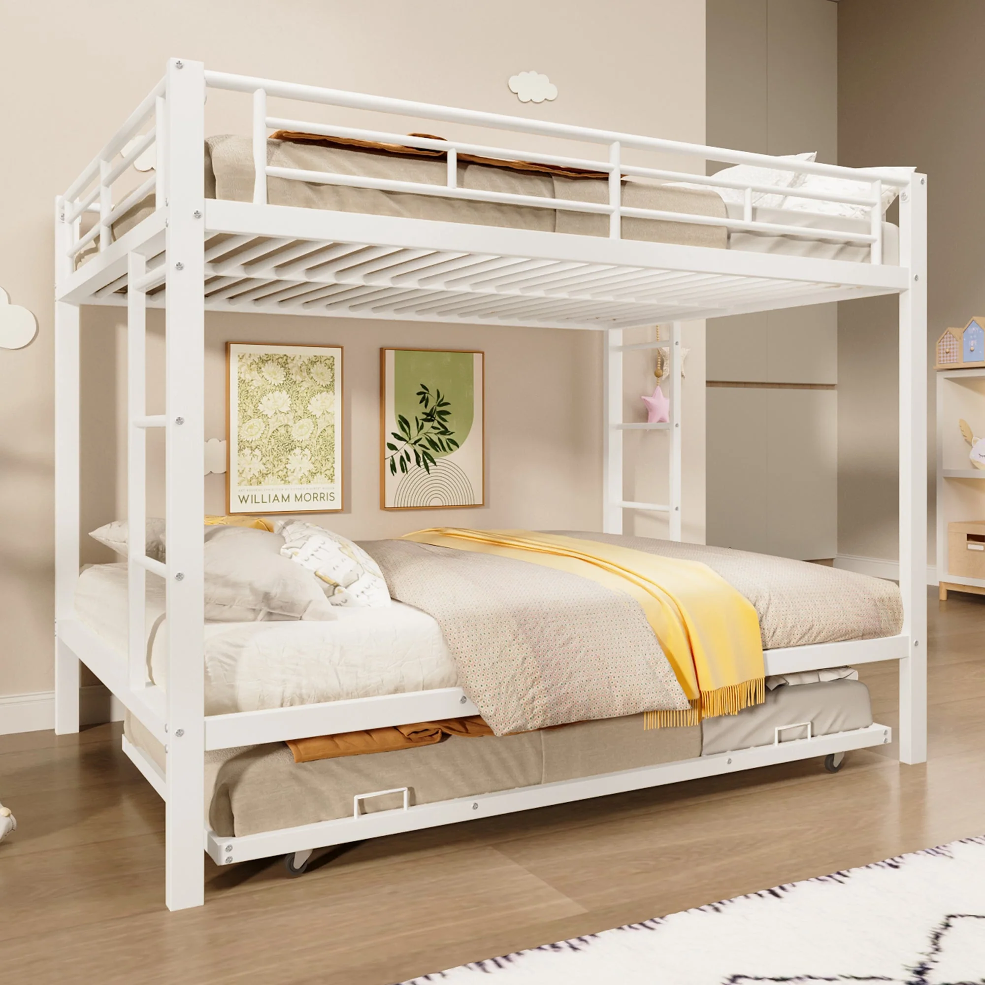 Bunk Bed with Pull-Out Bed and High Railings, 140x200cm Iron Frame, White - Image 5