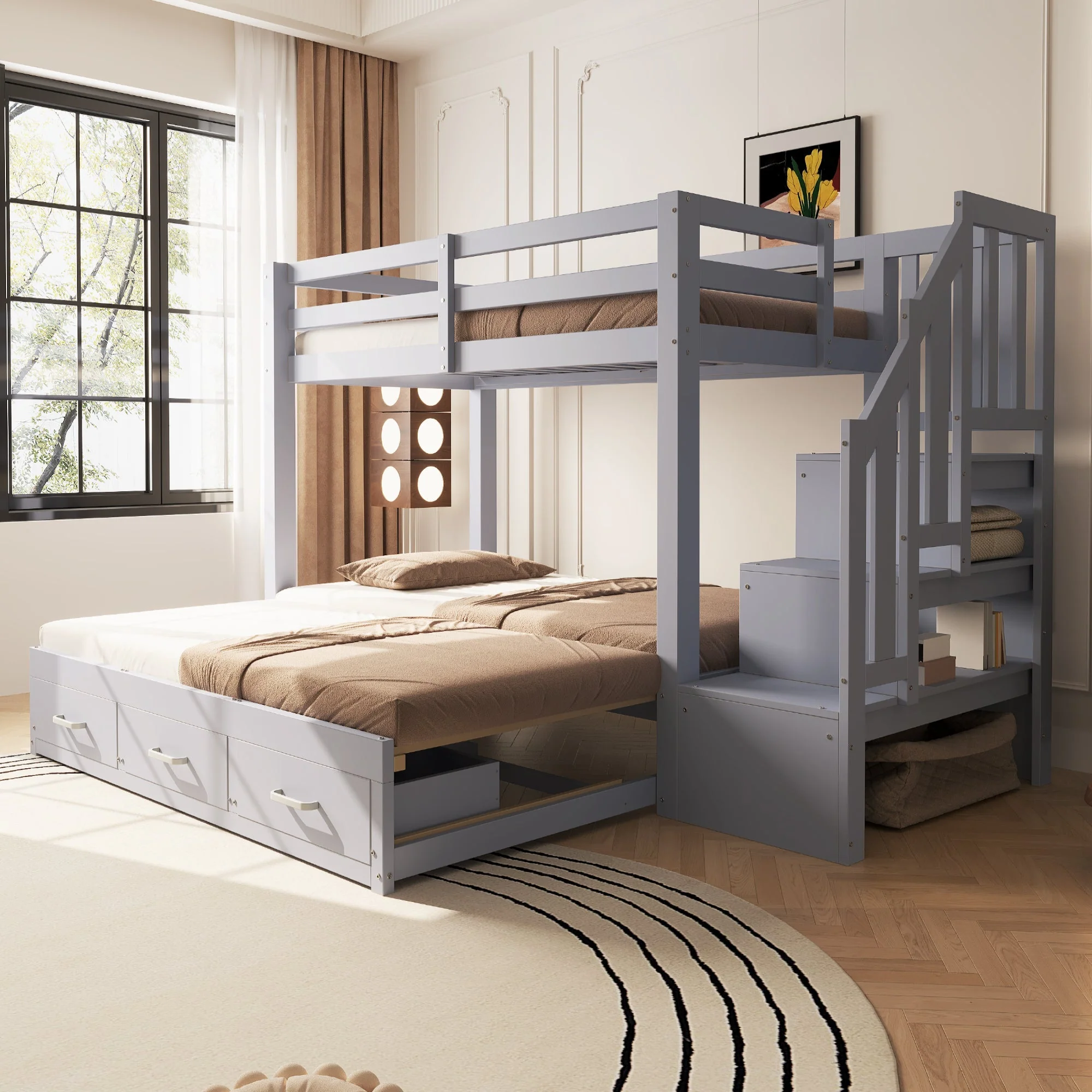 Bunk Bed with Pull-out Bed, Storage Ladder and Drawers, 90x200cm, Grey Wood - Image 2