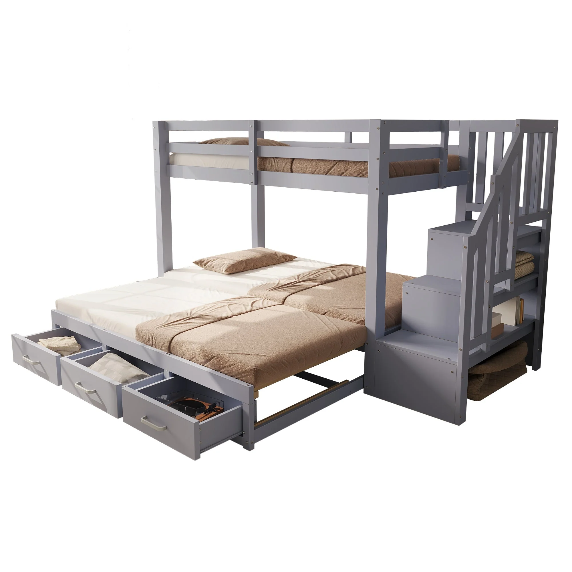 Bunk Bed with Pull-out Bed, Storage Ladder and Drawers, 90x200cm, Grey Wood - Image 6