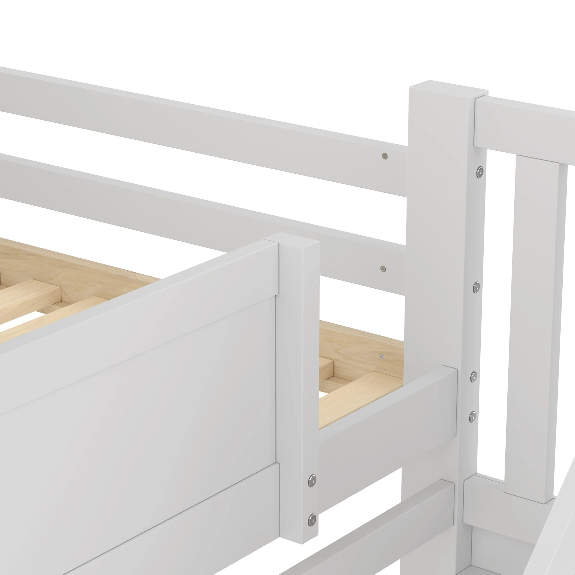Bunk Bed with Pull-out Bed, Storage Ladder and House Frame, White and Natural - Image 10