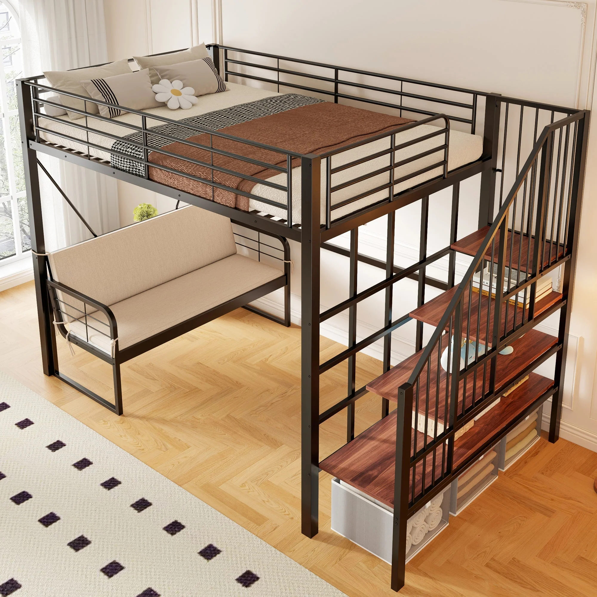 Bunk Bed with Removable Sofa and Storage Stairs, 140x200cm, Black Metal - Image 2