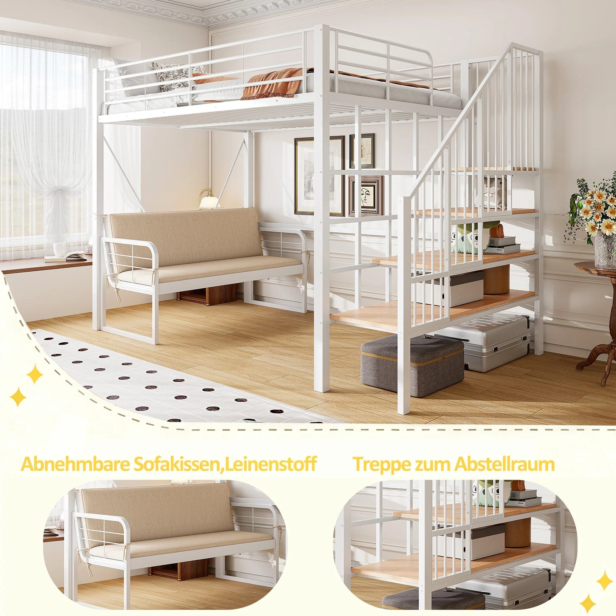 Bunk Bed with Removable Sofa, Storage and Safety Stairs, 140x200cm, White Metal - Image 6