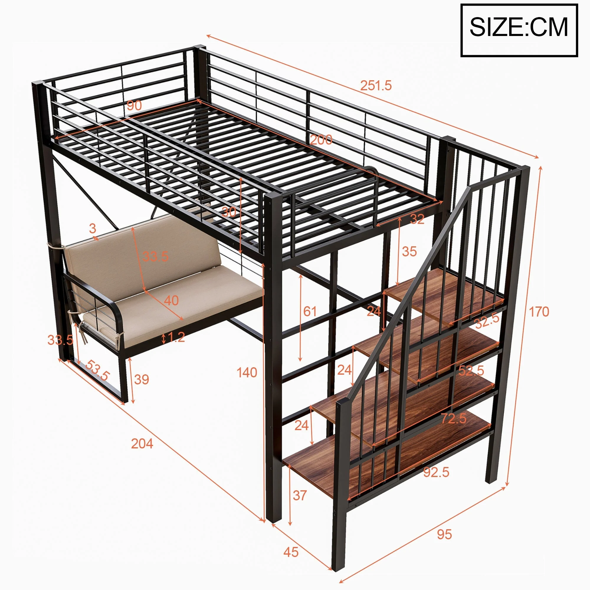 Bunk Bed with Removable Sofa, Storage and Safety Stairs, 90x200cm, Black Metal - Image 6