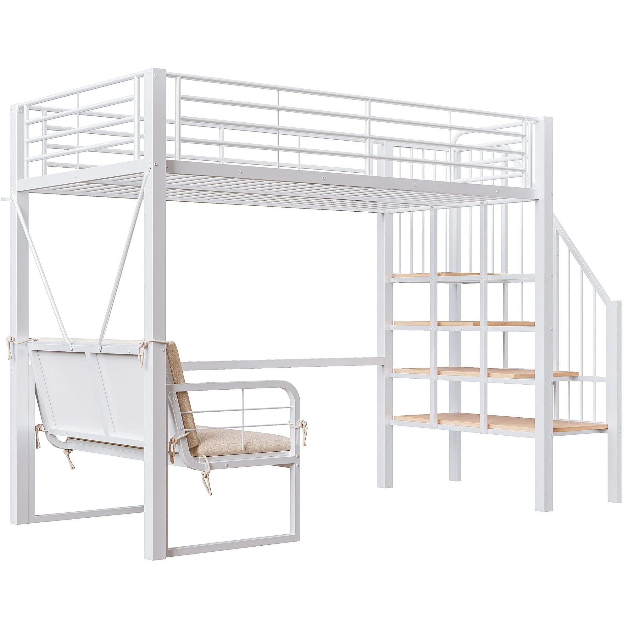Bunk Bed with Removable Sofa, Storage and Safety Stairs, 90x200cm, White Metal - Image 8