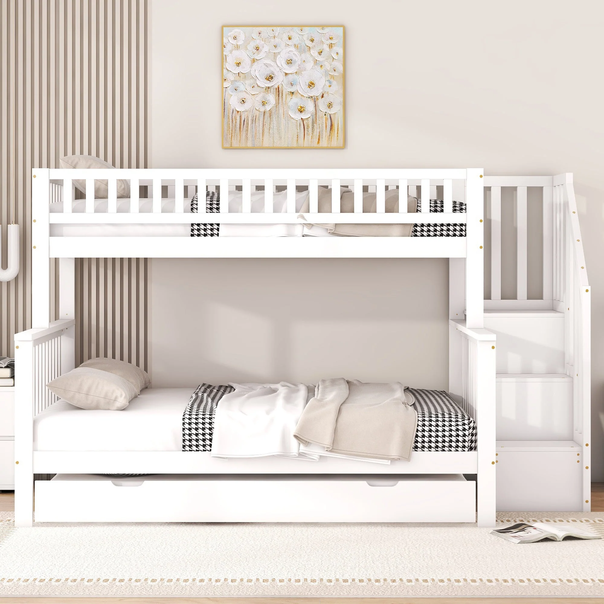 Bunk Bed with Rolling Container, Slatted Base and Storage Stairs, White Pine Wood - Image 2